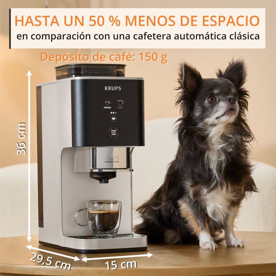 KRUPS Coffee Crush, Cafetera Automática, Café en Grano y Café Molido, 15 Bares, 2 recetas de café, Pantalla táctil a color, Compacta 15 cm de ancho, Ajustes de intensidad de café, 3 niveles de molienda, Prensado automático