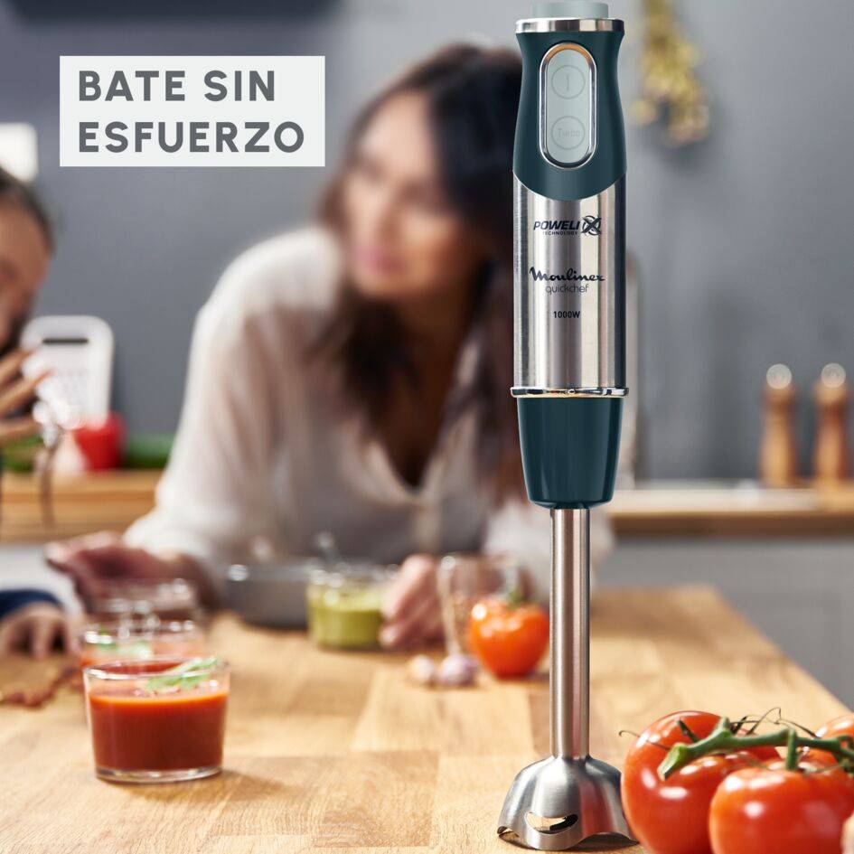 Quickchef, Batidora de mano 3 en 1 con picadora, 1000 W, 4 Cuchillas Powelix, Varillas y Vaso Medidor, Eucalipto