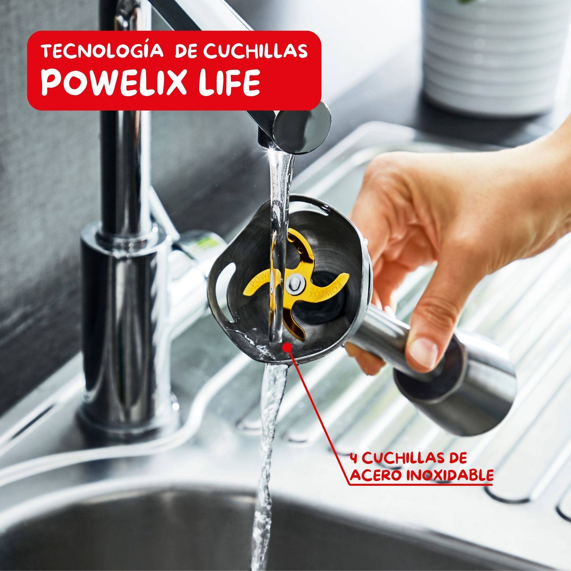 Powelix Life, Batidora de mano,  3&nbsp;accesorios, Cuchillas con revestimiento de titanio, 1200 W,&nbsp;Piezas aptas para lavavajillas, Picadora 500 ml,&nbsp;Vaso medidor 800 ml, Varillas