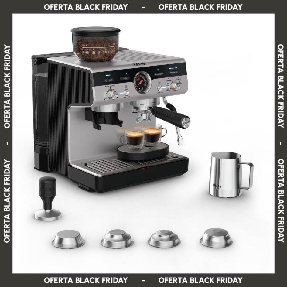 Precision, Cafetera profesional para espresso y capuccino, Molinillo cónico integrado, 30 ajustes de molienda, 15 bares, Inox