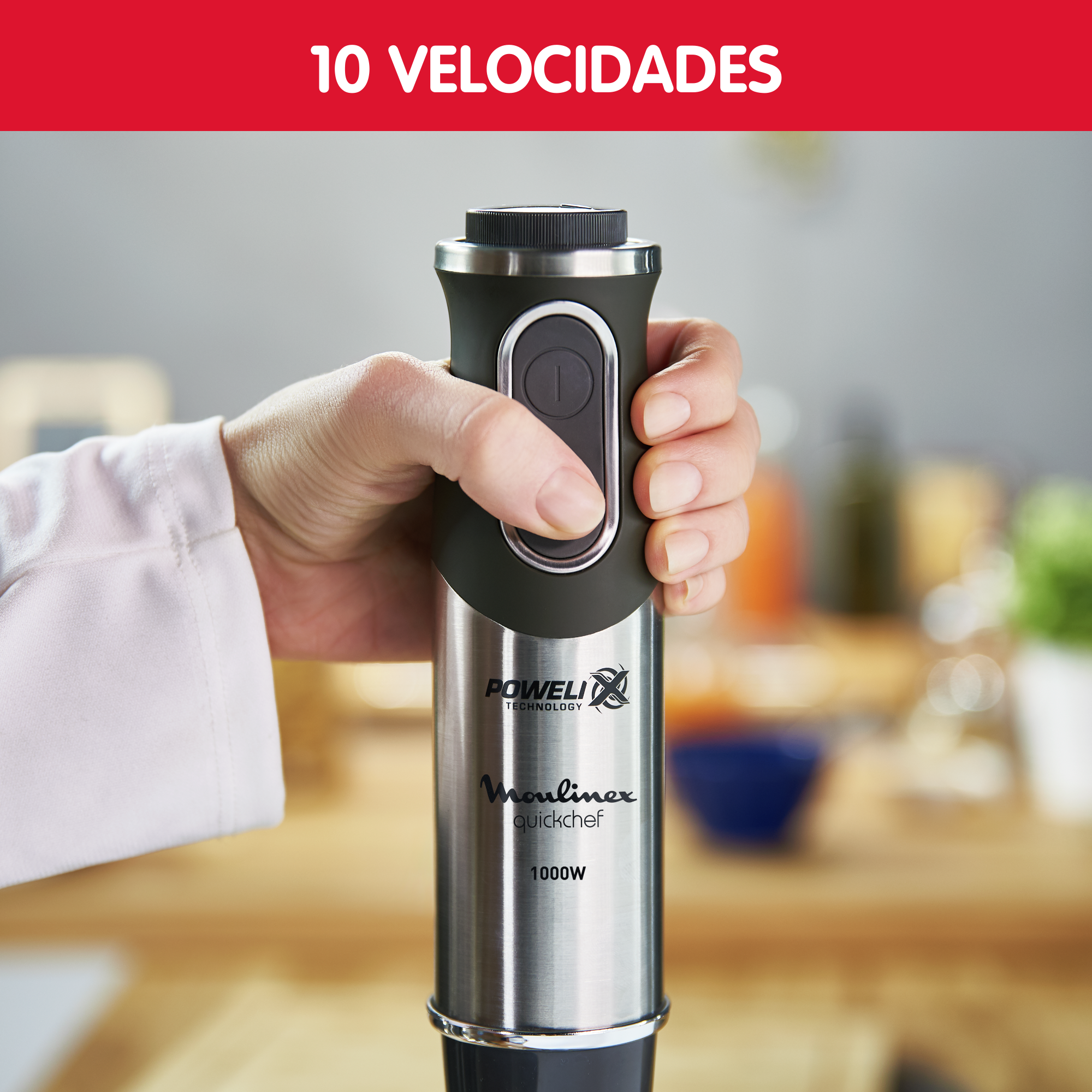 Quickchef, Batidora de Mano, 1000W, 3 en 1, Picadora 500 ml, Vaso medidor 800 ml, Inox