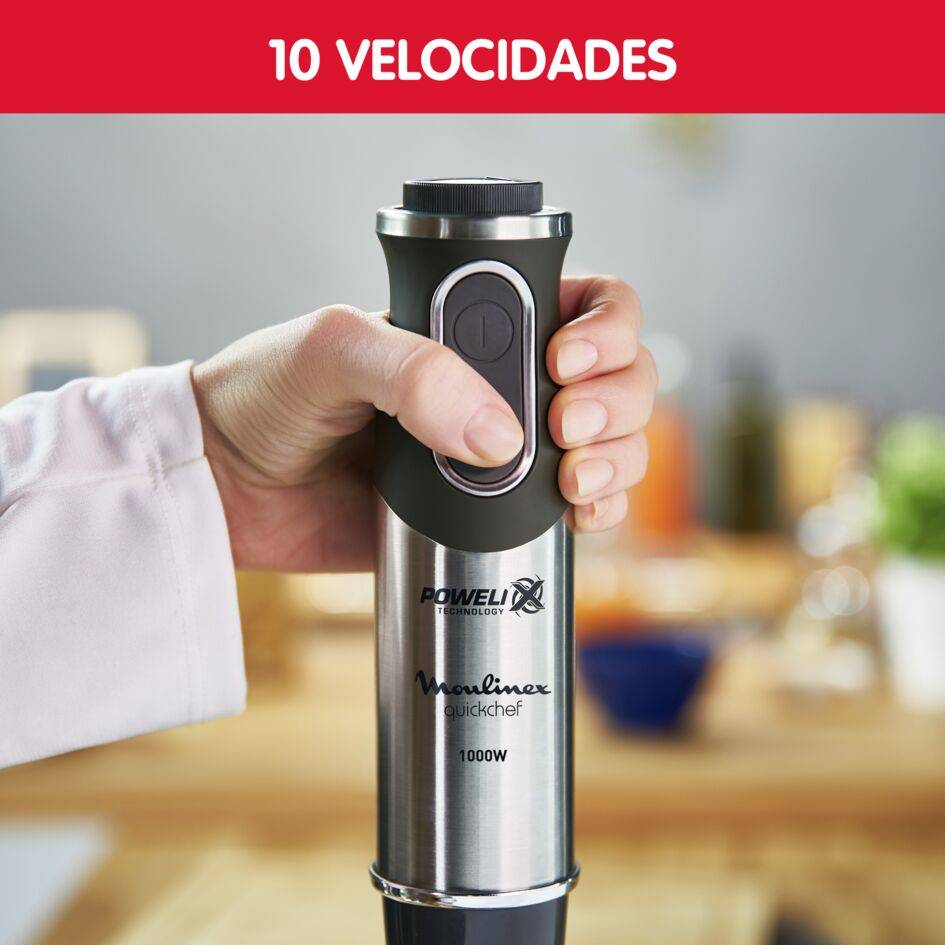 Quickchef, Batidora de Mano, 1000W, 3 en 1, Picadora 500 ml, Vaso medidor 800 ml, Inox