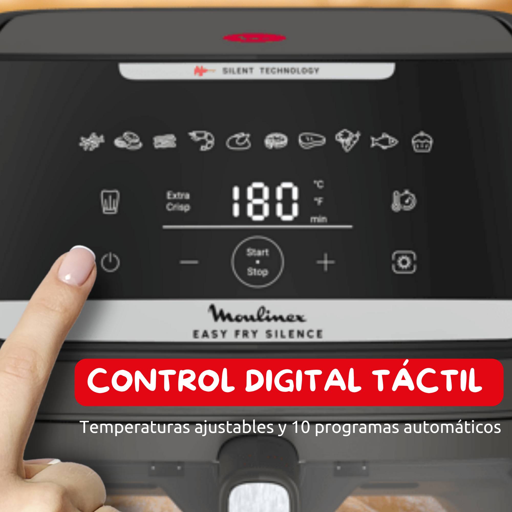 Easy Fry Silence Vision, Freidora de aire, 7L, Tecnología Silenciosa, Compacta, Panel Frontal Desmontable, Ventana Visualización, Gris