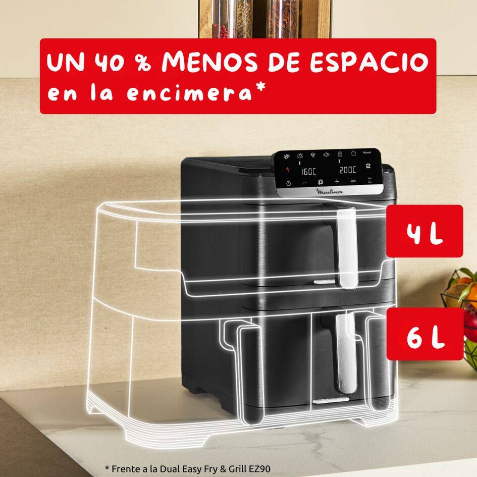 Dual Easy Fry Stack, Freidora de aire doble cesta vertical, Sistema Genius, 10 Litros, 7 Programas Automáticos, Compacta, 40 % Ahorro Espacio, Negro