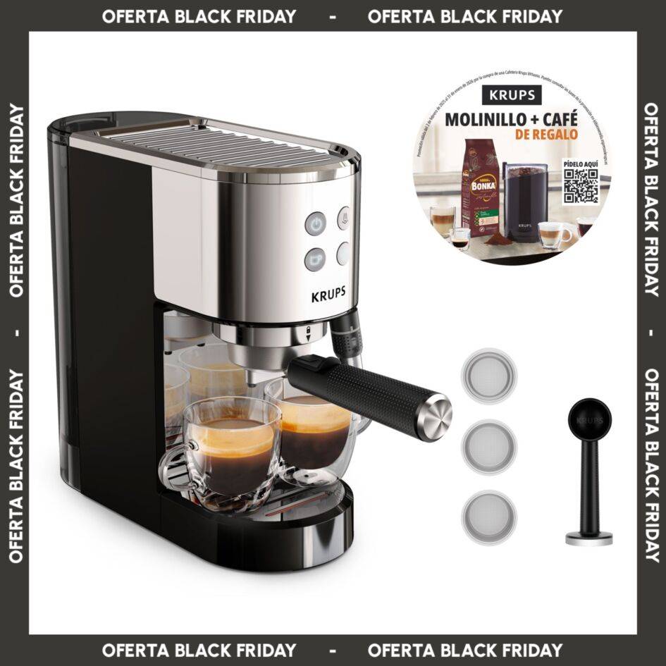 Virtuoso +, Cafetera Espresso, 15 bares de presión, Espumador de leche, Panel frontal intuitivo, Inox