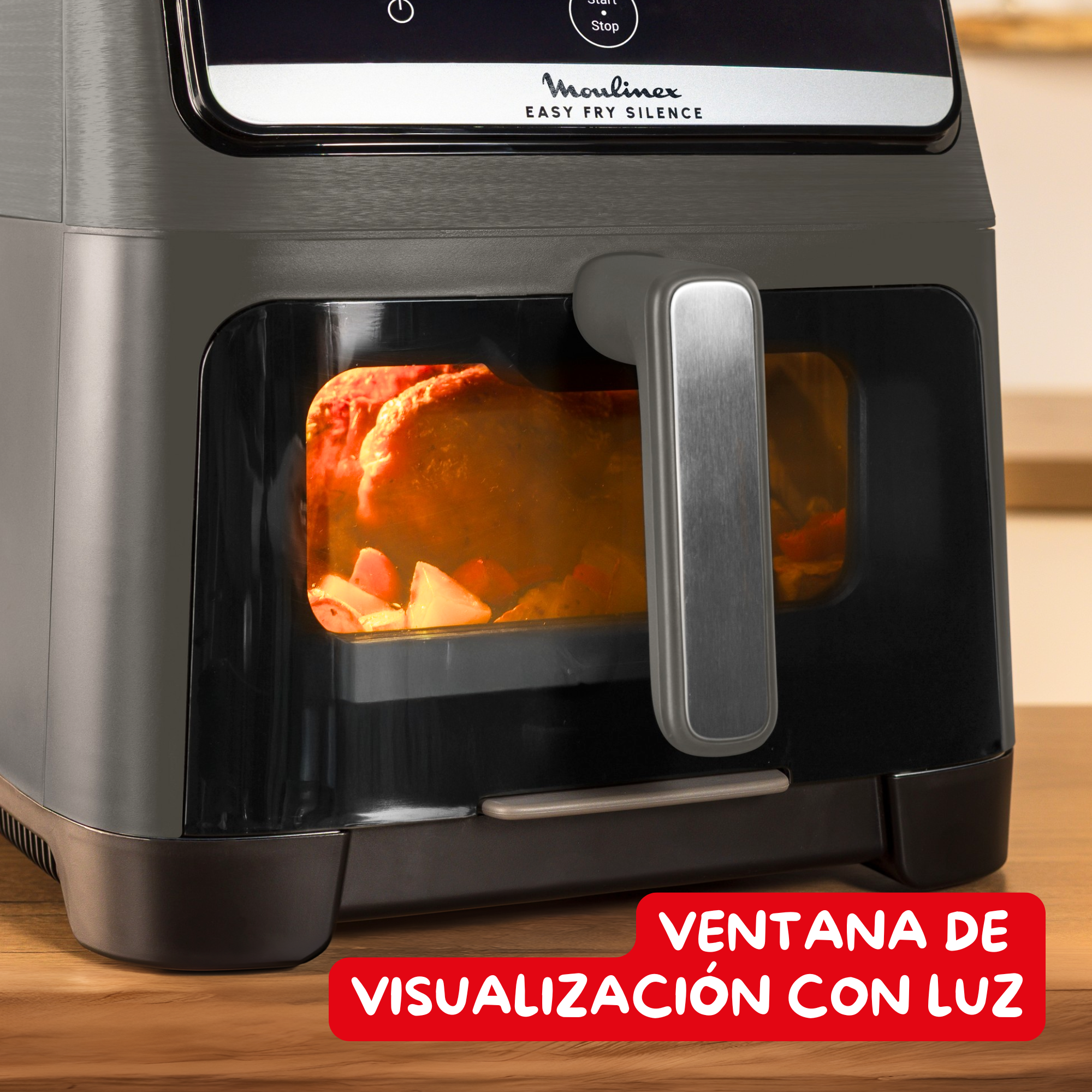 Easy Fry Silence Vision, Freidora de aire, 7L, Tecnología Silenciosa, Compacta, Panel Frontal Desmontable, Ventana Visualización, Gris