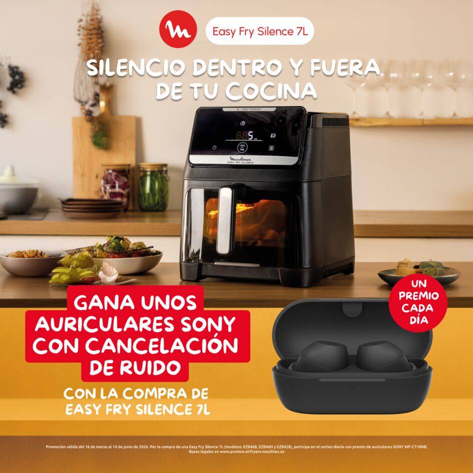 Easy Fry Silence Vision, Freidora de aire, 7L, Tecnología Silenciosa, Compacta, Panel Frontal Desmontable, Ventana Visualización, Gris