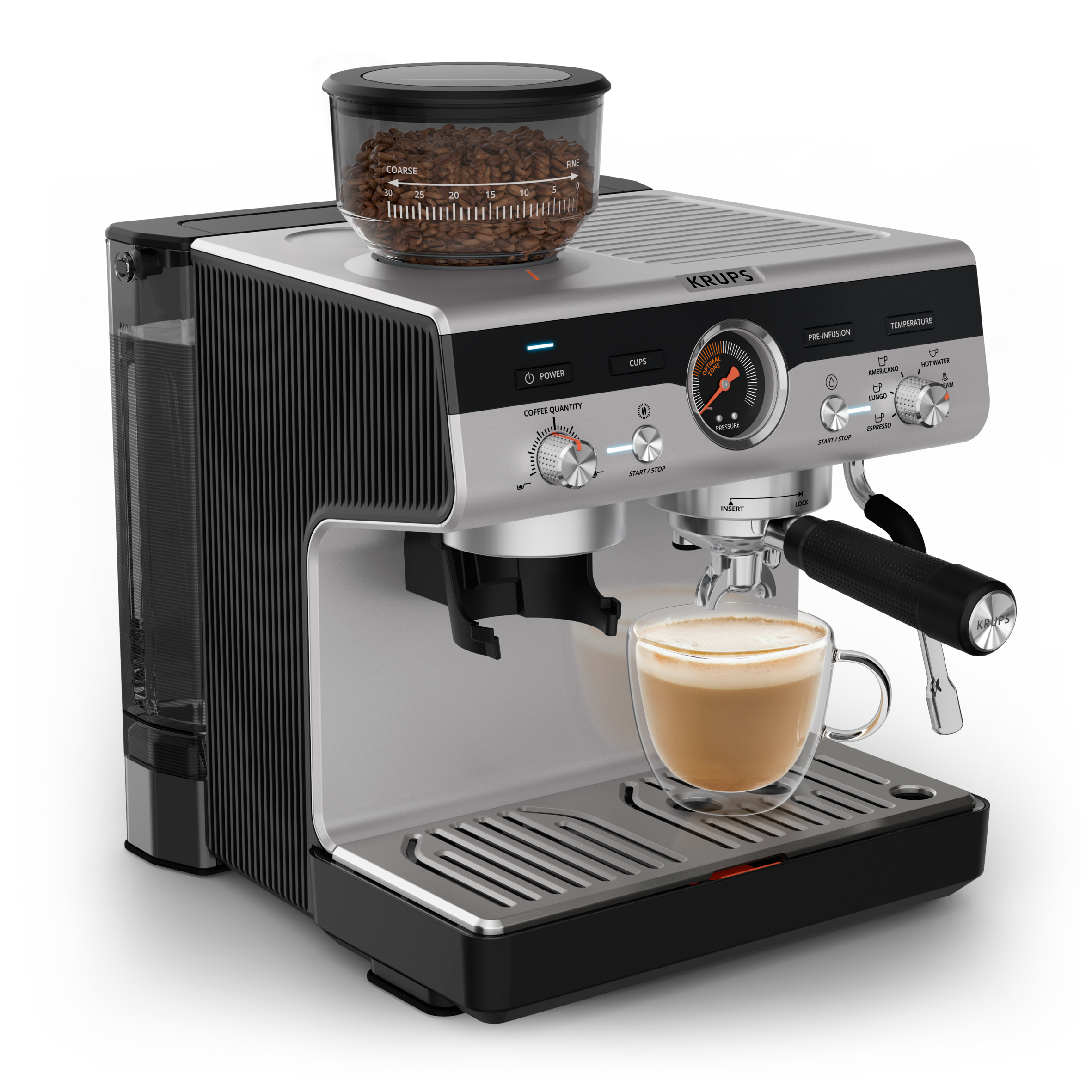 Precision, Cafetera profesional para espresso y capuccino, Molinillo cónico integrado, 30 ajustes de molienda, 15 bares, Inox
