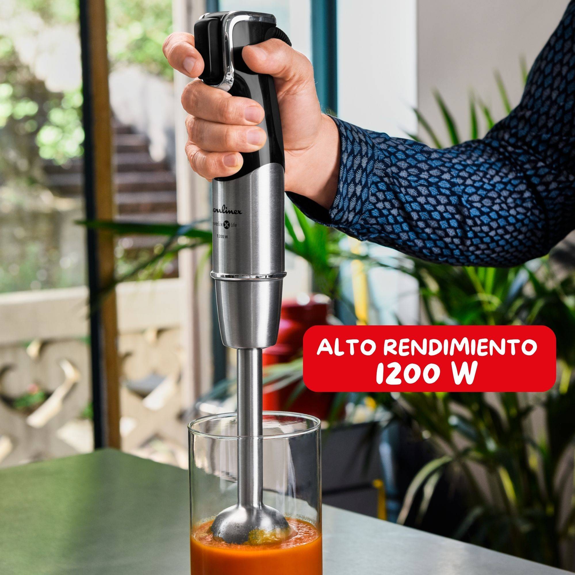 Powelix Life, Batidora de mano, 3 accesorios, Cuchillas con revestimiento de titanio, 1200 W, Piezas aptas para lavavajillas, Picadora 500 ml, Vaso medidor 800 ml, Varillas