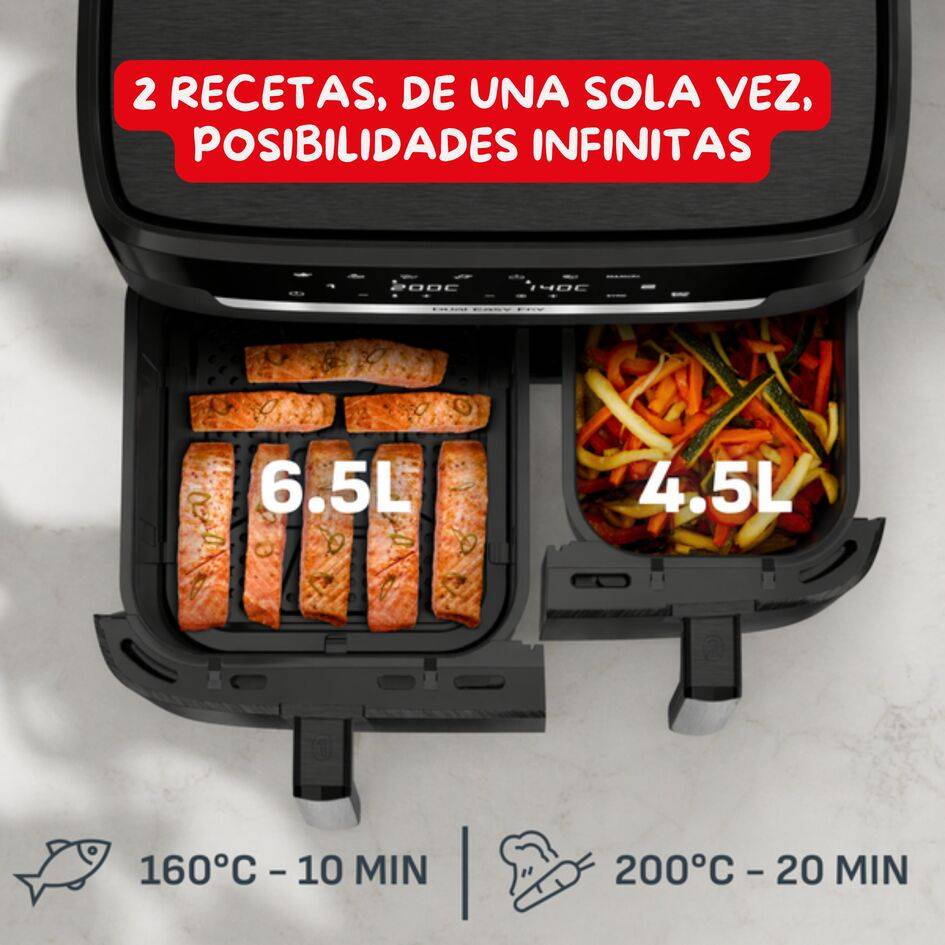 Ever Fry XXL Dual, Freidora de aire doble cesta, Tecnología por infrarrojos, Sistema Genius, Capacidad familiar 11L, Cocción sincronizada, Negro