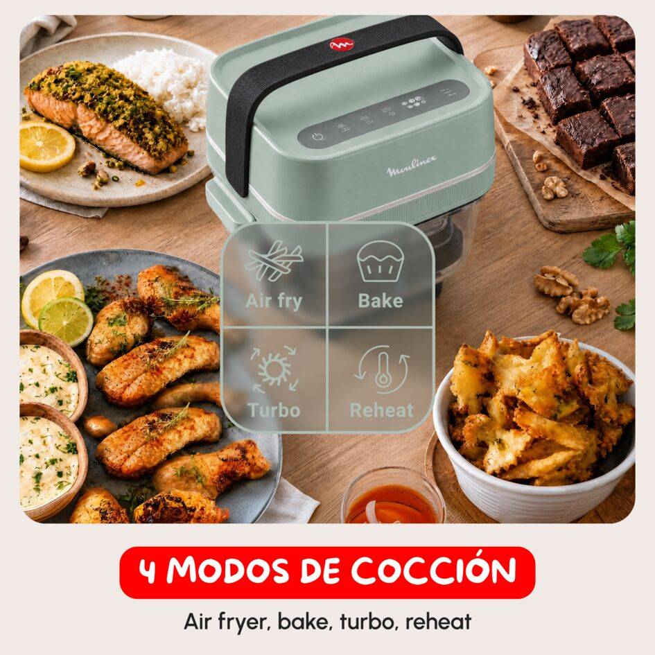 Crisp&Go, Freidora de aire de cristal Pure Resist apilable y portátil, 1 Power Lid + 2 recipientes de 1,4 L y 3,8 L, 4 modos de cocción y ajuste manual temperatura + tiempo, 1700 W, Diseño compacto, Azul
