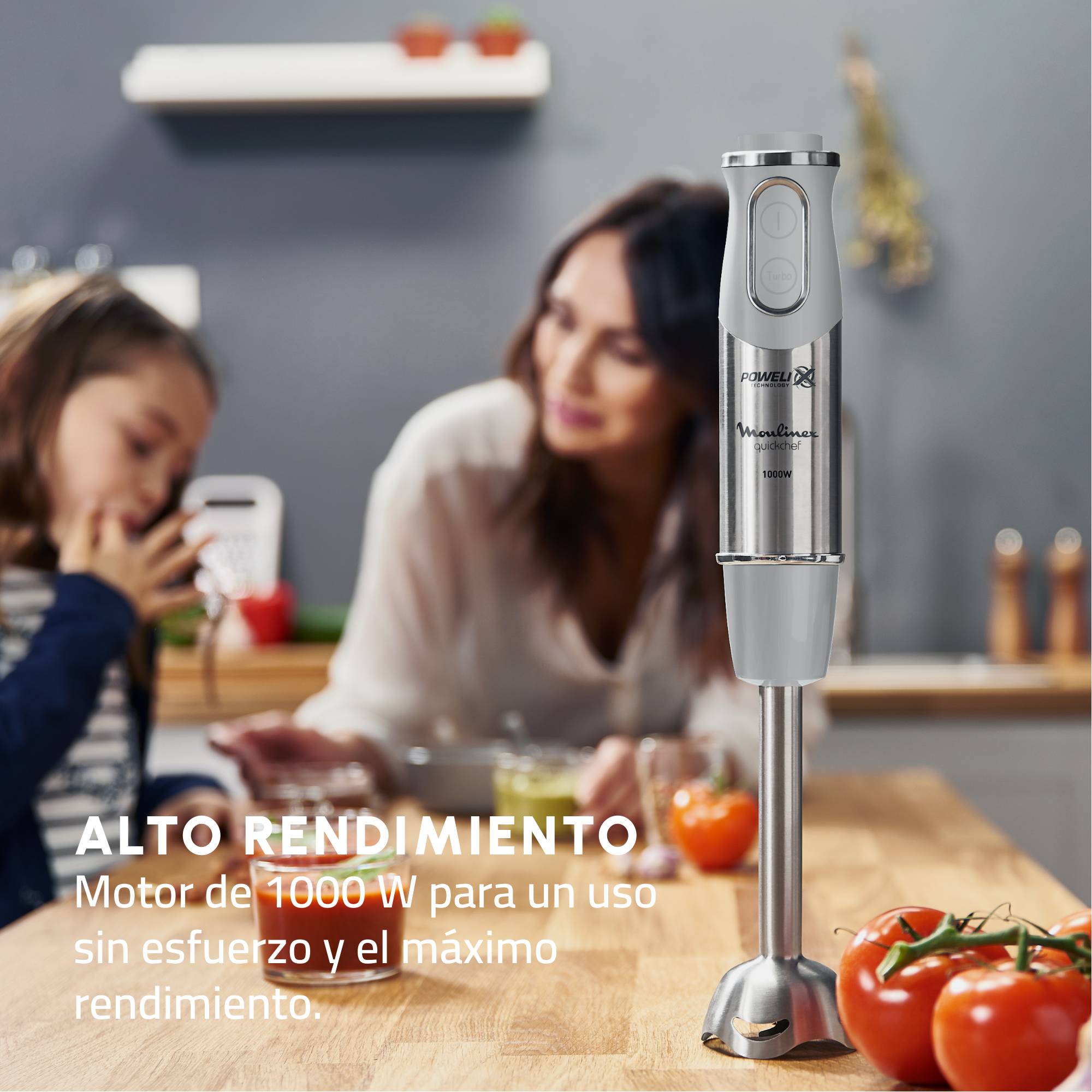 Quickchef, Batidora de mano, 1000 W, 10 velocidades, Cuchillas Powelix, Picadora 500 ml, Vaso medidor 800 ml, Gris