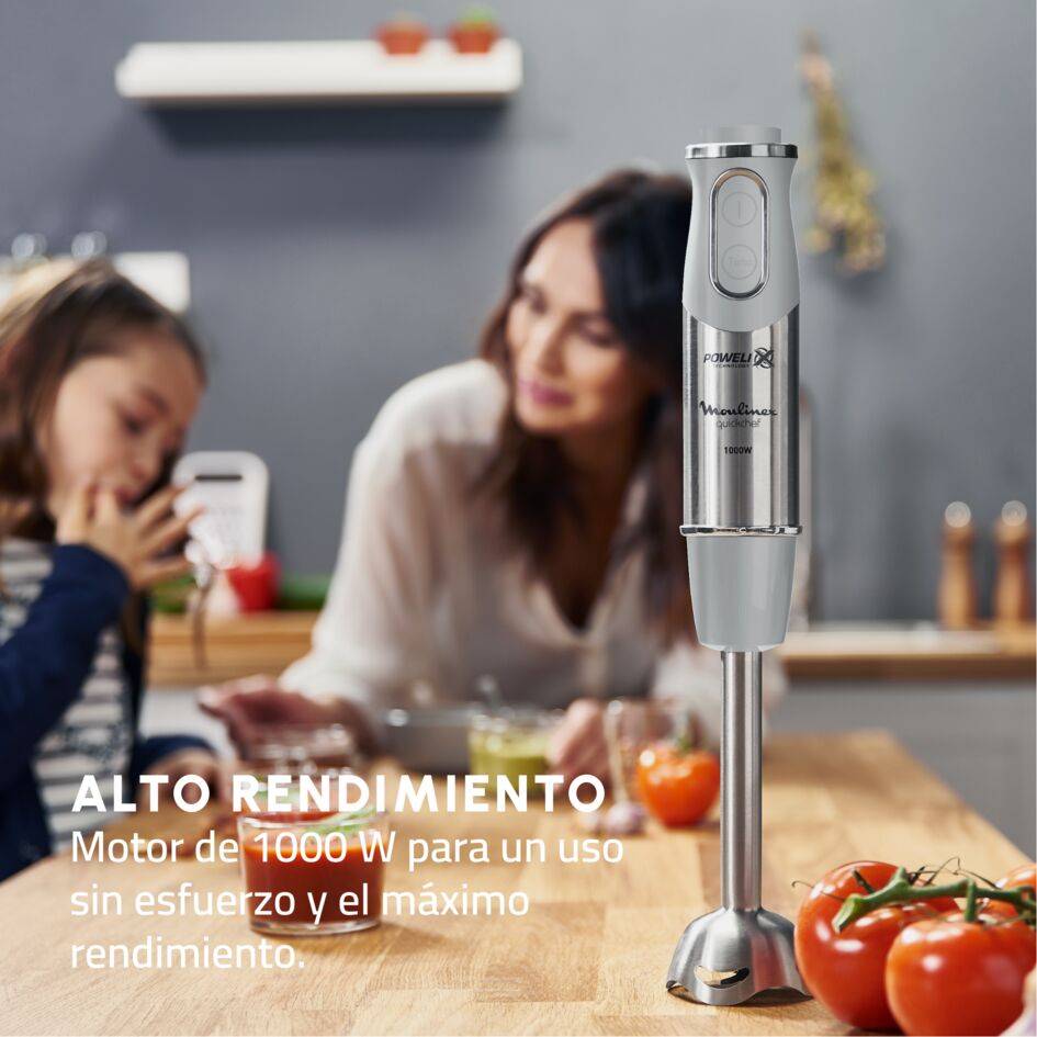 Quickchef, Batidora de mano, 1000 W, 10 velocidades, Cuchillas Powelix, Picadora 500 ml, Vaso medidor 800 ml, Gris