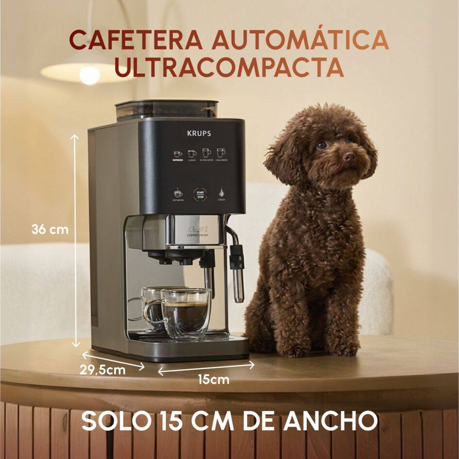 Coffee Crush, Cafetera Automática Compacta, Café en Grano y Molido, 15 Bares, 4 recetas, Espumador de leche, Pantalla táctil