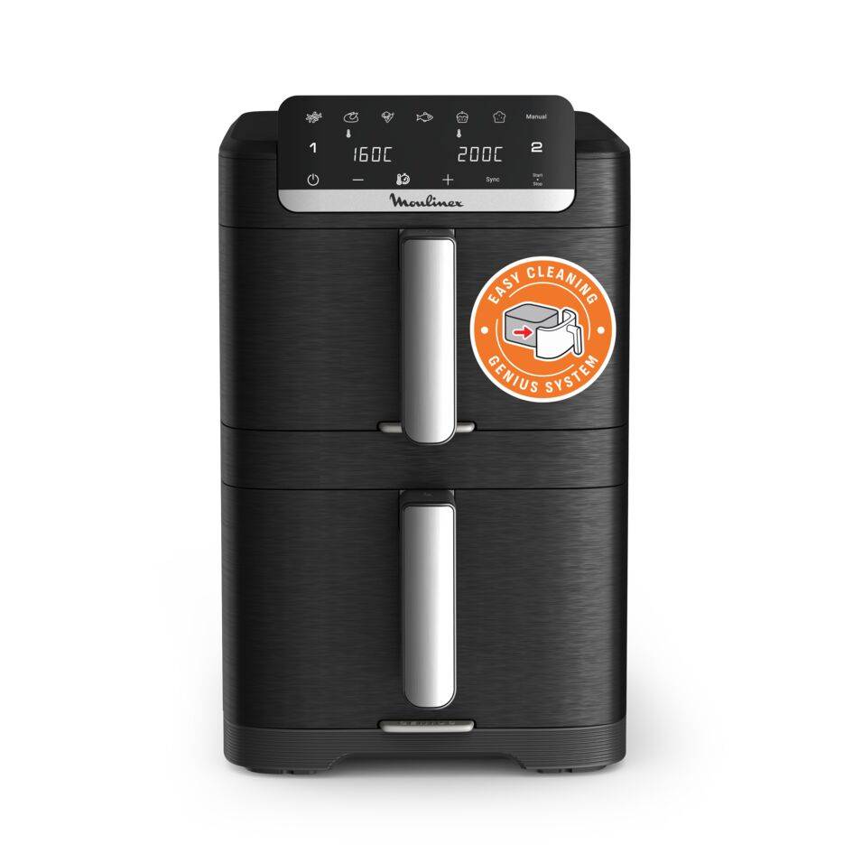 Dual Easy Fry Stack, Freidora de aire doble cesta vertical, Sistema Genius, 10 Litros, 7 Programas Automáticos, Compacta, 40 % Ahorro Espacio, Negro