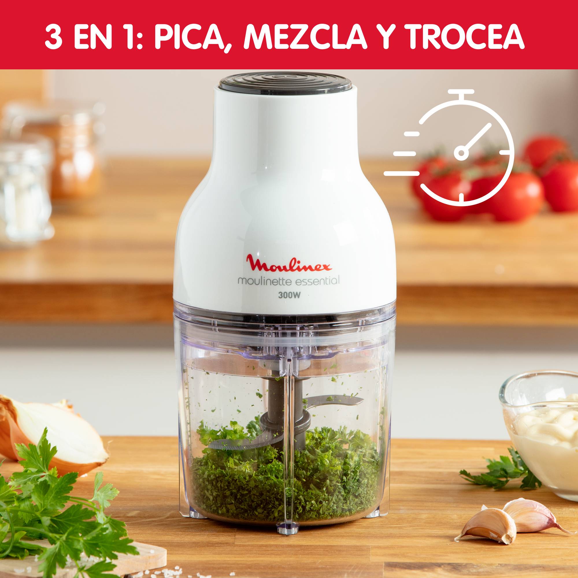 Moulinette Essential, Picadora, 300 W, 4 cuchillas, 400 ml de capacidad, Sistema de bloqueo seguro