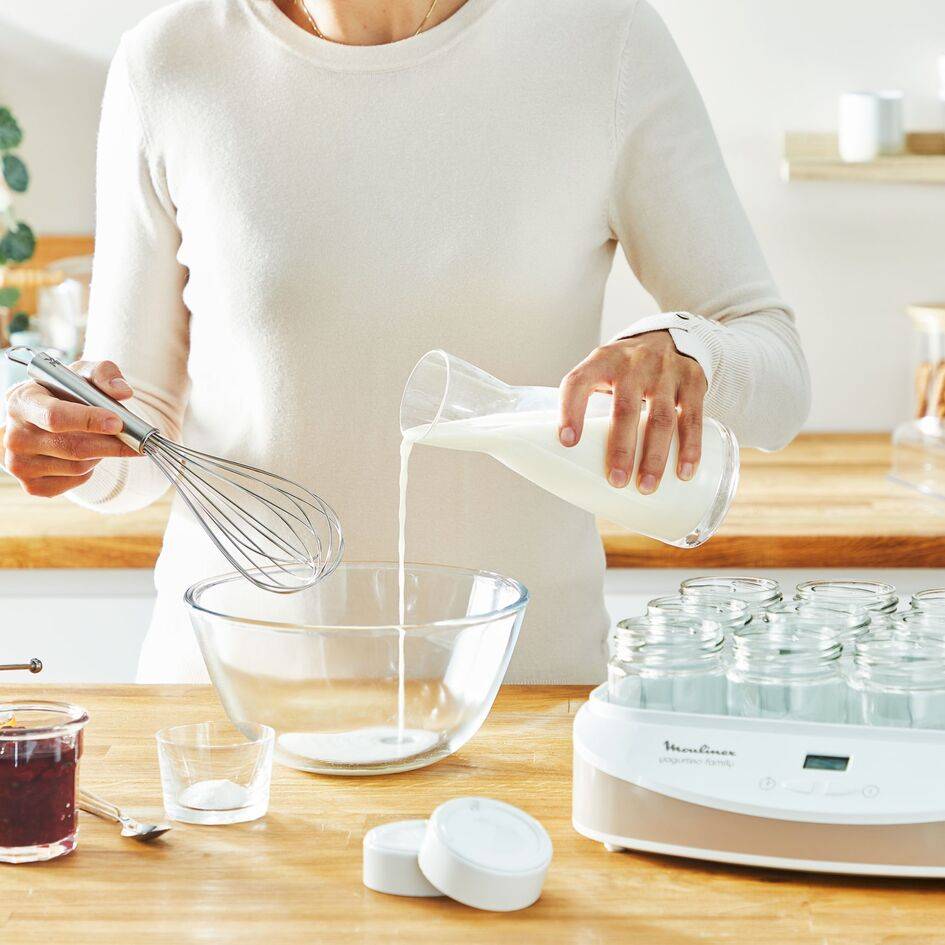 Yogurteo Family, Yogurtera, 12 Tarros Cristal, 1L Bandeja Queso, Blanco/Dorado