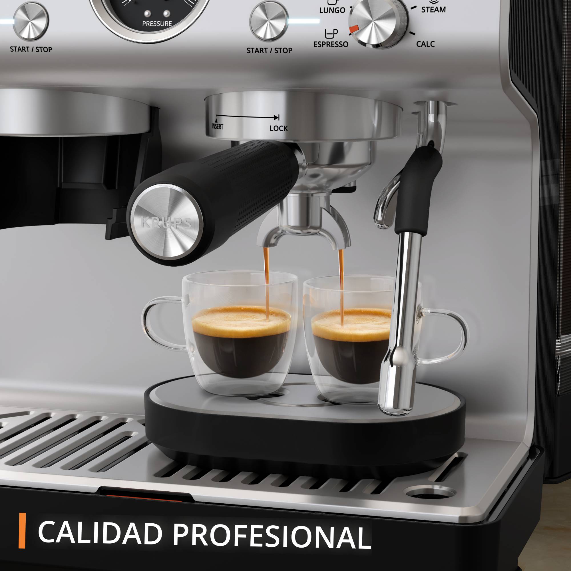 Precision, Cafetera profesional para espresso y capuccino, Molinillo cónico integrado, 30 ajustes de molienda, 15 bares, Inox
