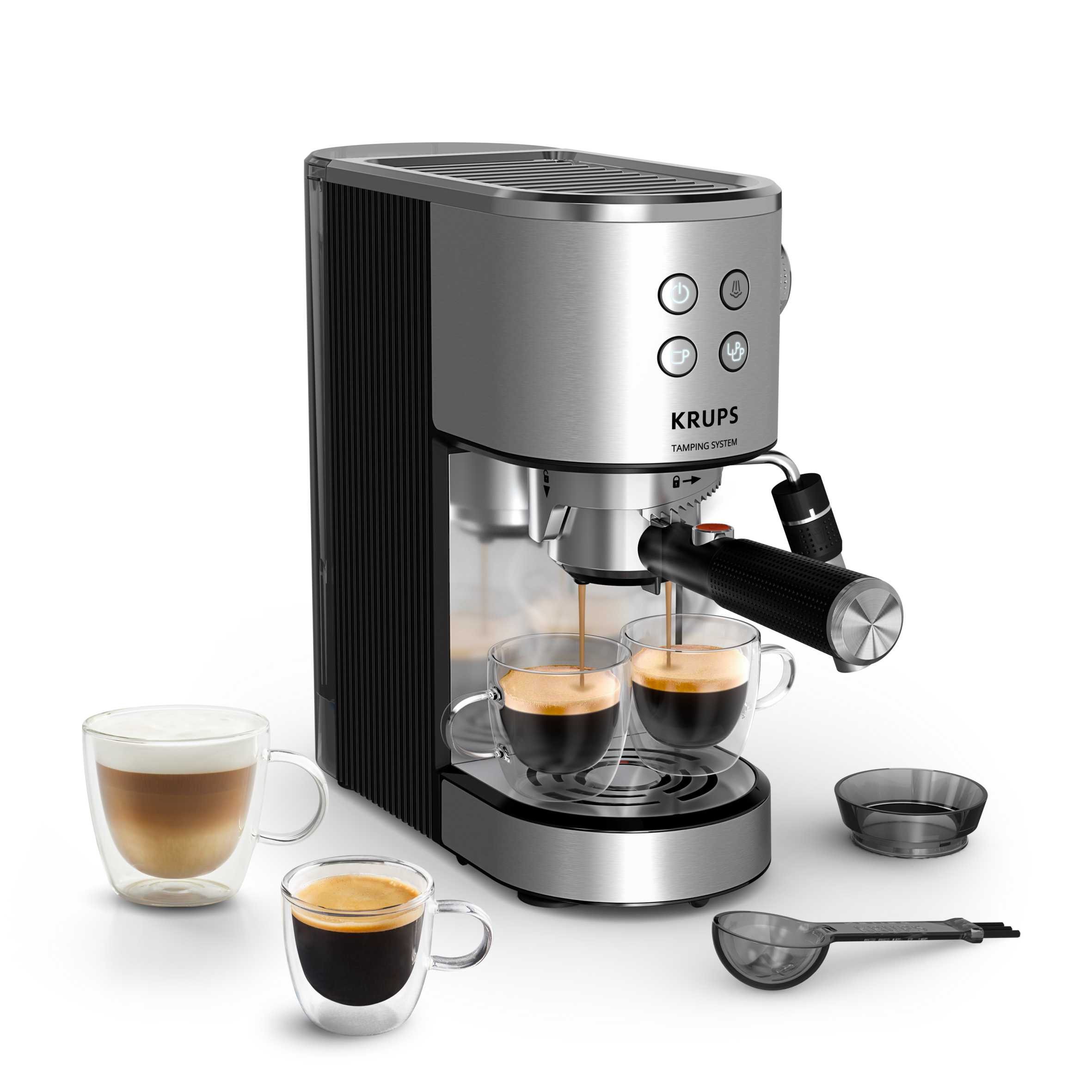 KRUPS Virtuoso+ Autotamping, Cafetera Espresso, Sistema de autoprensado, 15 bares, Panel Frontal Inutitivo, Calidad Barista, Compacta, Inox