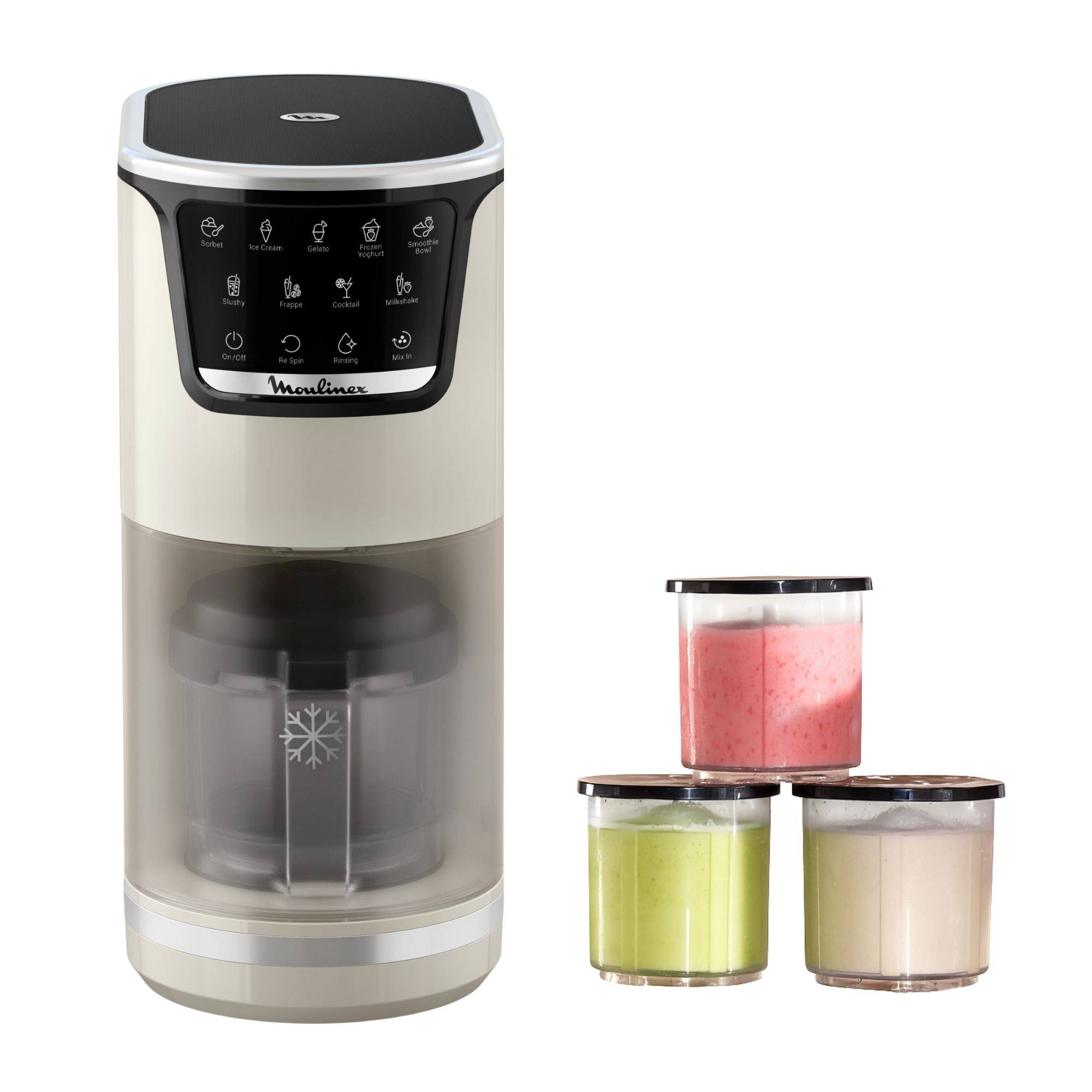 Dolci, Heladera, 9 Programas de Postres Helados, 3 Tarrinas de Tritán, Capacidad Total 1,4 L, 600 W, Resultados cremosos, Autolimpieza, Blanco roto