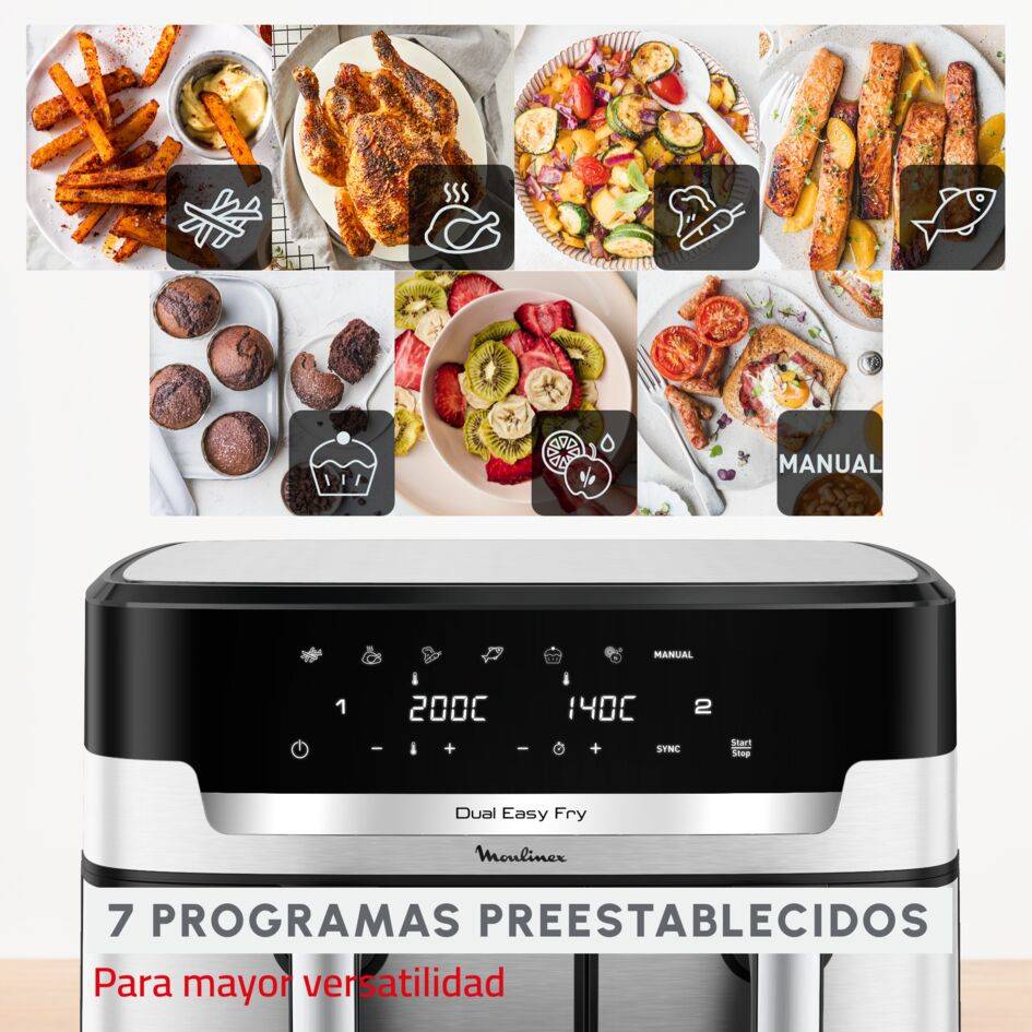 Dual Easy Fry, Freidora de aire de doble cesta XXL, 11 L, 2700 W, Cocción Sincronizada, +8 personas