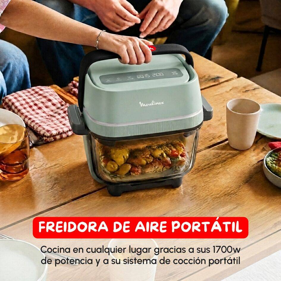 Crisp&Go, Freidora de aire de cristal Pure Resist apilable y portátil, 1 Power Lid + 2 recipientes de 1,4 L y 3,8 L, 4 modos de cocción y ajuste manual temperatura + tiempo, 1700 W, Diseño compacto, Azul