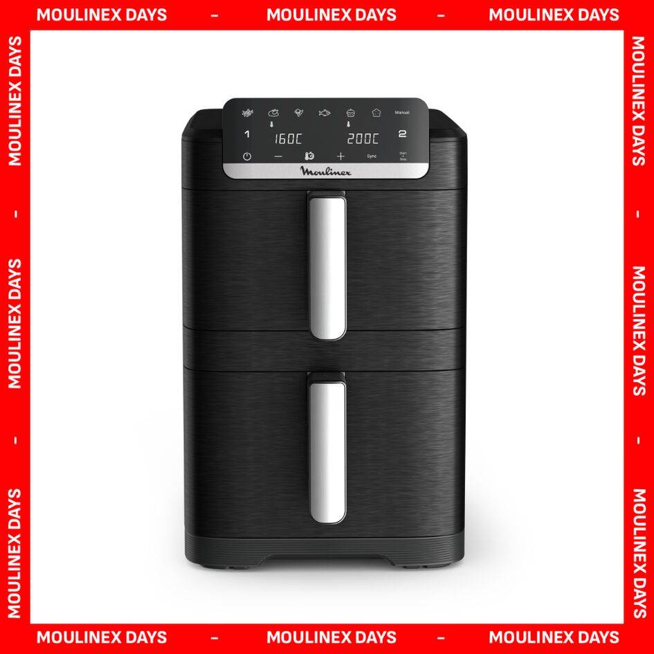 Dual Easy Fry Stack, Freidora de aire doble cesta vertical, 10 Litros, 7 Programas Automáticos, Compacta, 40 % Ahorro Espacio, Negro