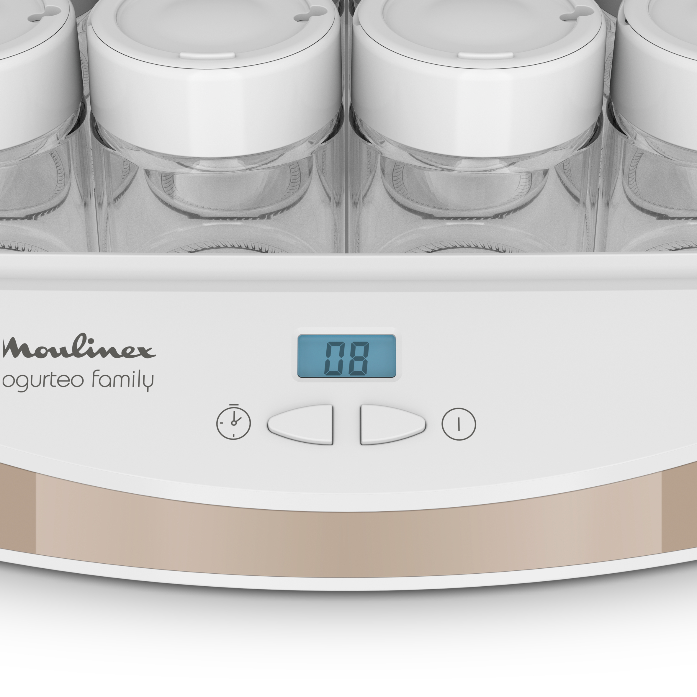 Yogurteo Family, Yogurtera, 12 Tarros Cristal, 1L Bandeja Queso, Blanco/Dorado