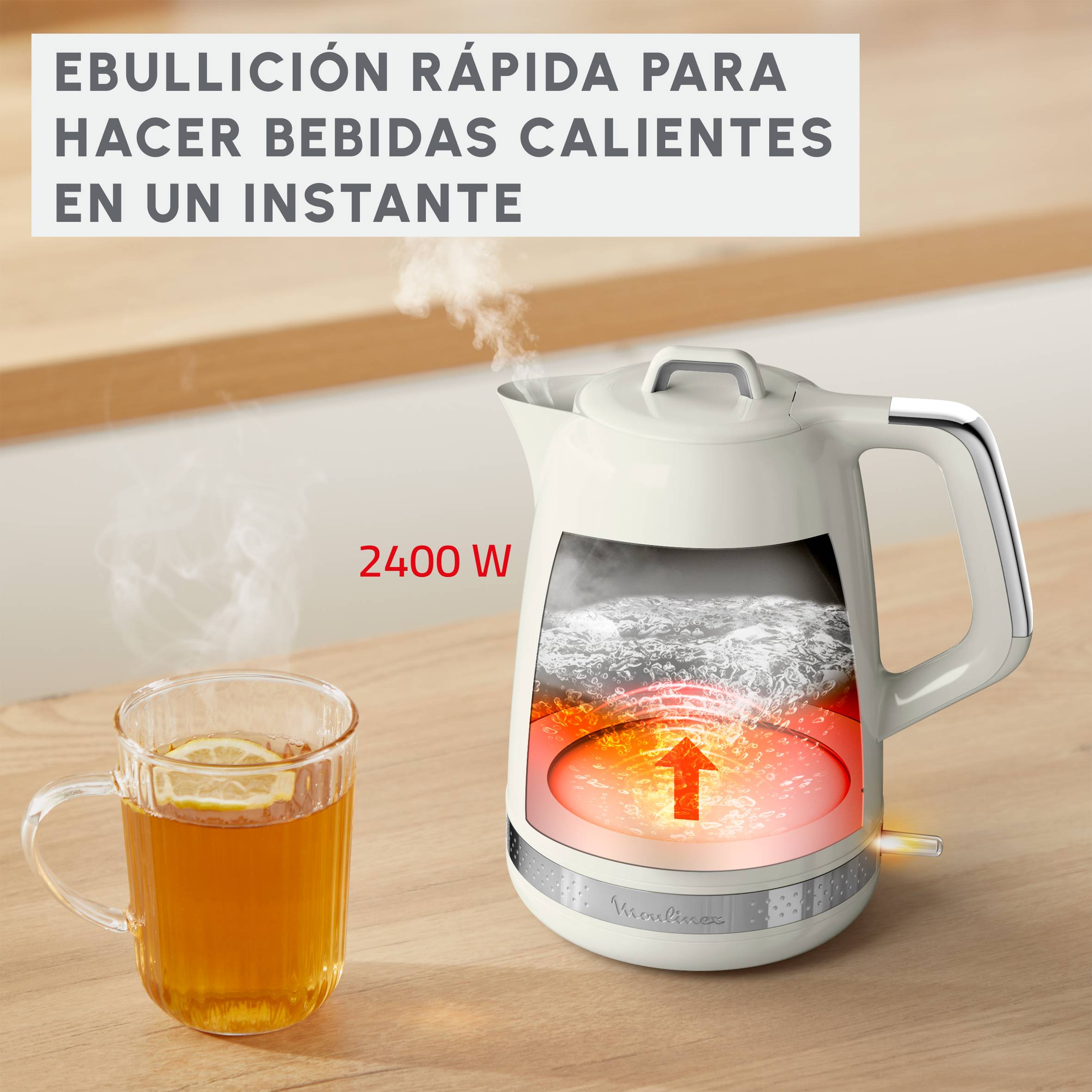 Soleil, Hervidor de agua eléctrico, 1,7 L, 2400 W, Control de temperatura, Blanco roto