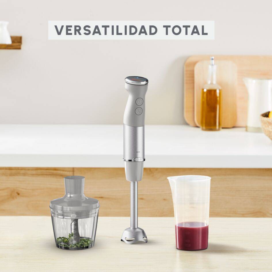 Quickchef+, Batidora de mano, 20 velocidades, Vase medidor y vaso picador, Modo silencioso, Cuchillas con tecnología Powelix, Gris