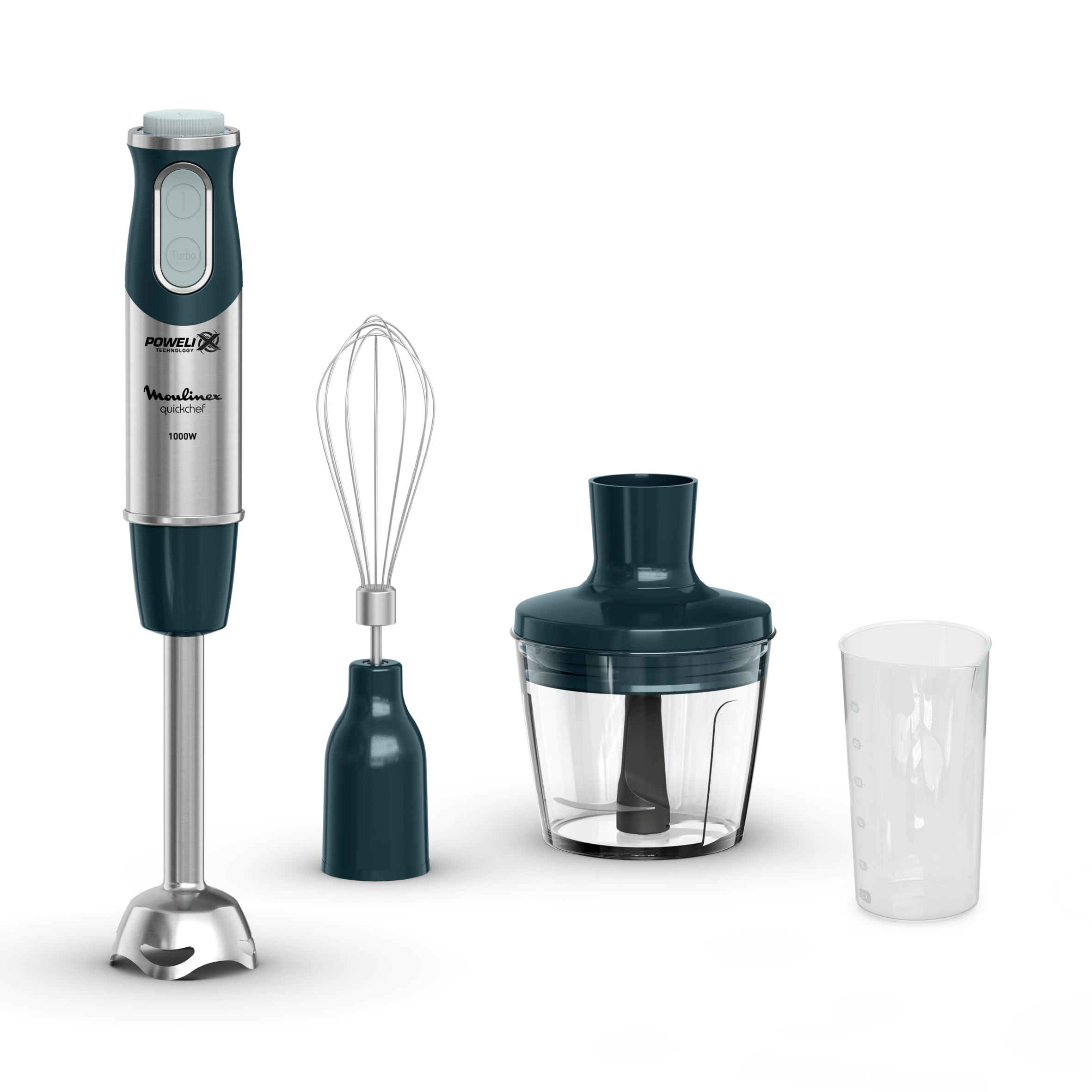 Quickchef, Batidora de mano 3 en 1 con picadora, 1000 W, 4 Cuchillas Powelix, Varillas y Vaso Medidor, Eucalipto