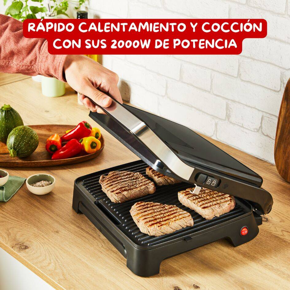 Inicio, Plancha grill 2 en 1, 2000 W, Rápido calentamiento, Placas Antiadherentes, Bandeja de goteo, 4-6 personas, Negro