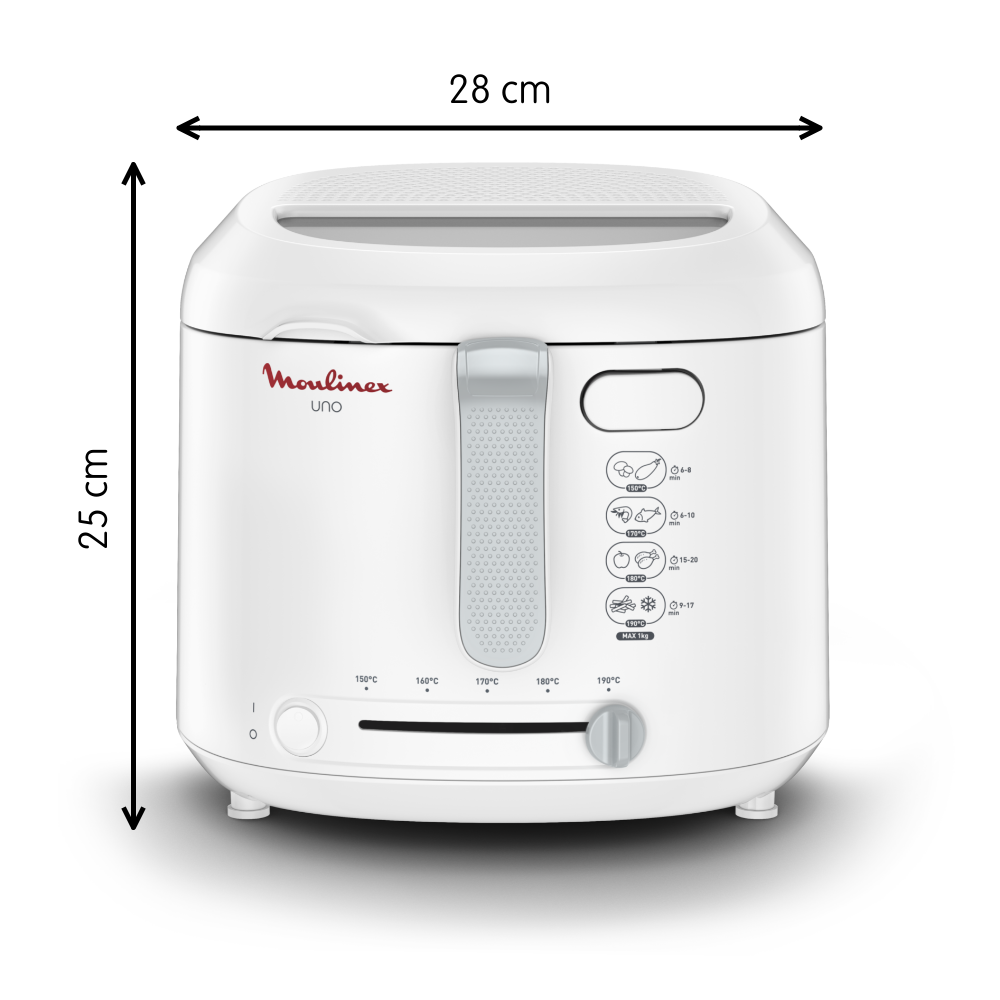 Fry Uno, Freidora de aceite, Capacidad de 1 kg, Para 4 personas, Compacta, Fácil de guardar, Ventana de visualización