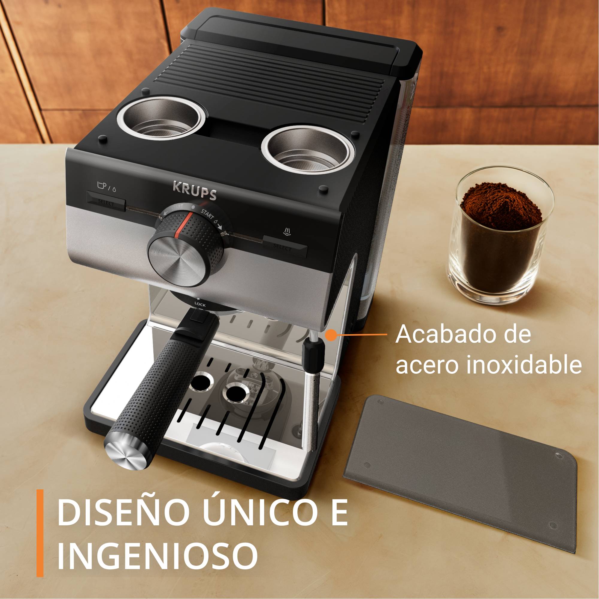 Authentic+, Cafetera espresso manual, 15 bares de presión, Boquilla de acero inoxidable, 2 L de depósito, Cápsulas ESE, Inox