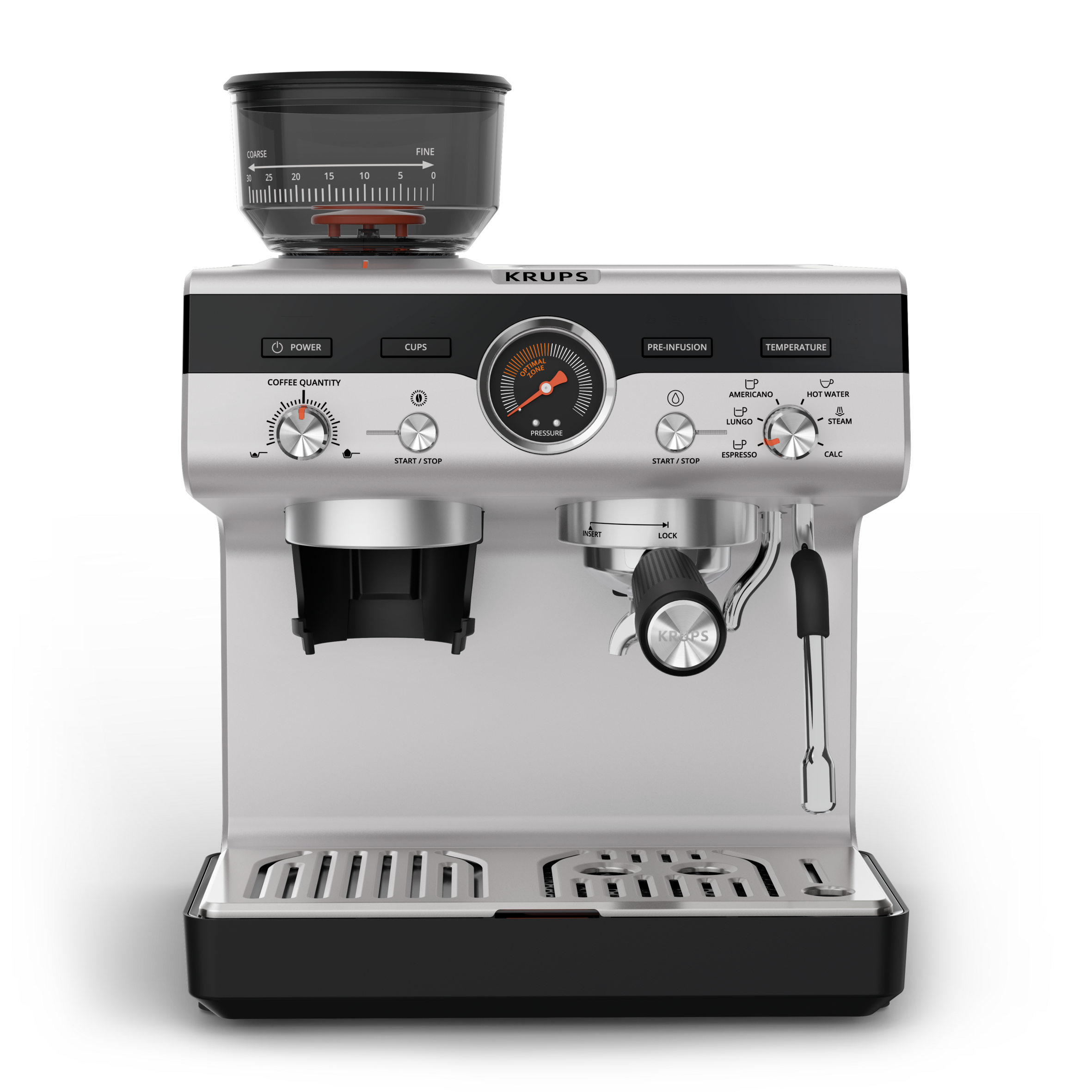 Precision, Cafetera profesional para espresso y capuccino, Molinillo cónico integrado, 30 ajustes de molienda, 15 bares, Inox