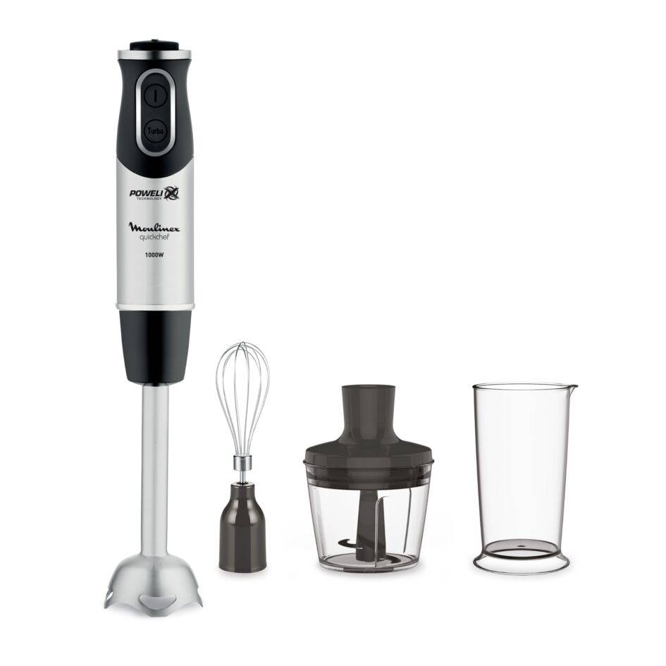 Quickchef, Batidora de Mano, 1000W, 3 en 1, Picadora 500 ml, Vaso medidor 800 ml, Inox