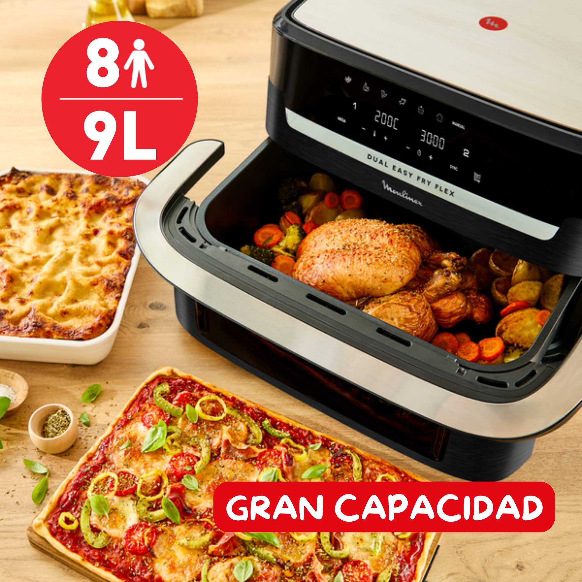 Dual Easy Fry Flex, Freidora de Aire con Separador FlexCook, 9 L, 7 programas, Hasta 8 personas, Negro