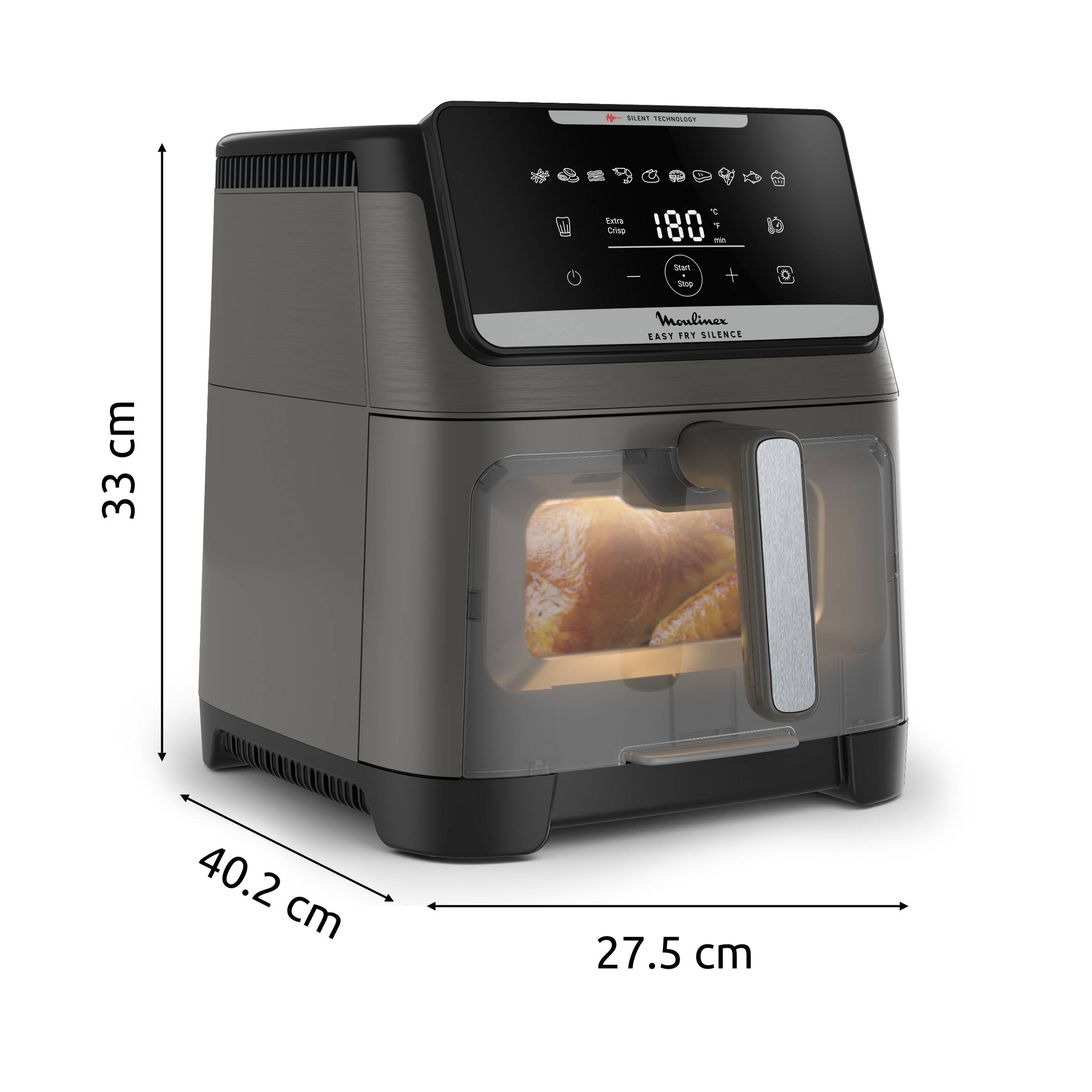 Easy Fry Silence Vision, Freidora de aire, 7L, Tecnología Silenciosa, Compacta, Panel Frontal Desmontable, Ventana Visualización, Gris