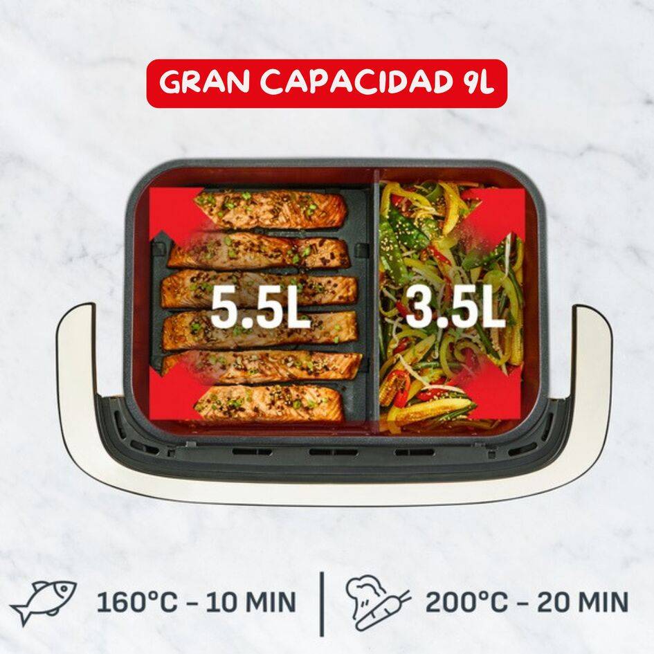 Ever Fry Dual Flex, Freidora de aire con separador FlexCook, 9 L, Tecnología por infrarrojos, Sistema Genius, 7 programas, Hasta 8 personas, Negro