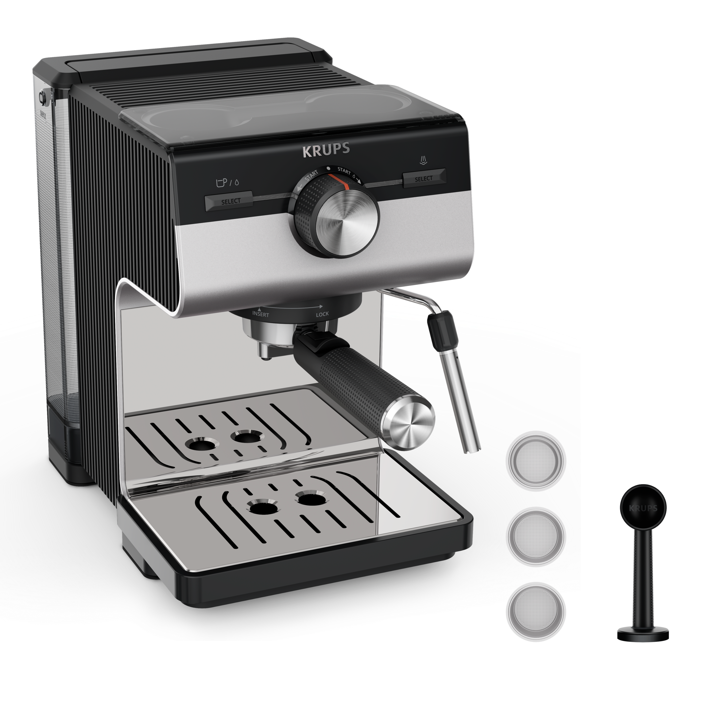 Authentic+, Cafetera espresso manual, 15 bares de presión, Boquilla de acero inoxidable, 2 L de depósito, Cápsulas ESE, Inox