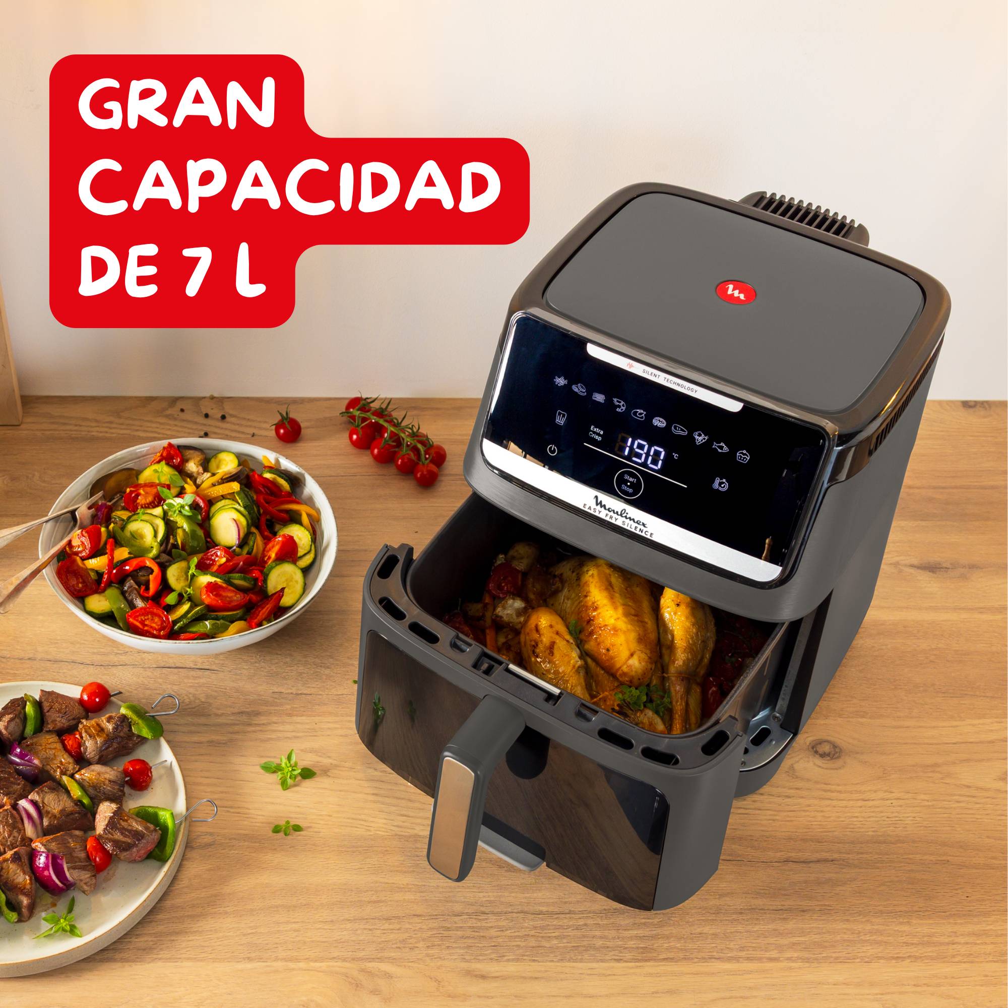 Easy Fry Silence Vision, Freidora de aire, 7L, Tecnología Silenciosa, Compacta, Panel Frontal Desmontable, Ventana Visualización, Gris