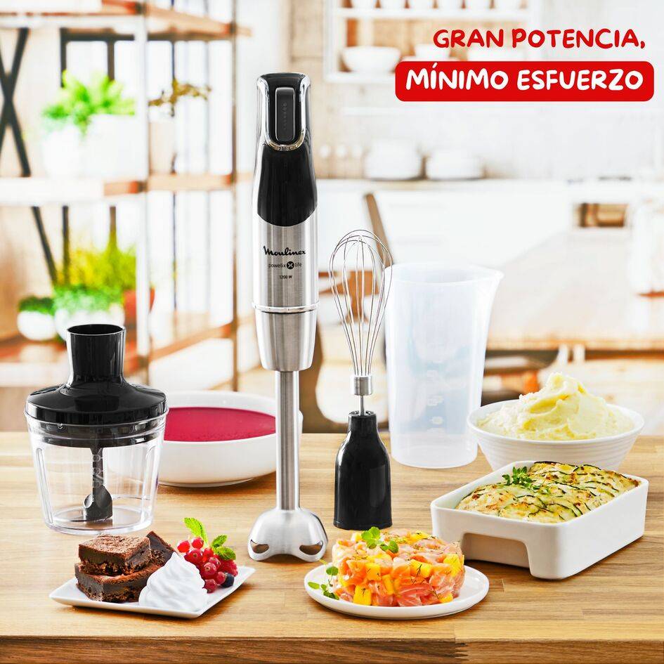 Powelix Life, Batidora de mano, 3 accesorios, Cuchillas con revestimiento de titanio, 1200 W, Piezas aptas para lavavajillas, Picadora 500 ml, Vaso medidor 800 ml, Varillas