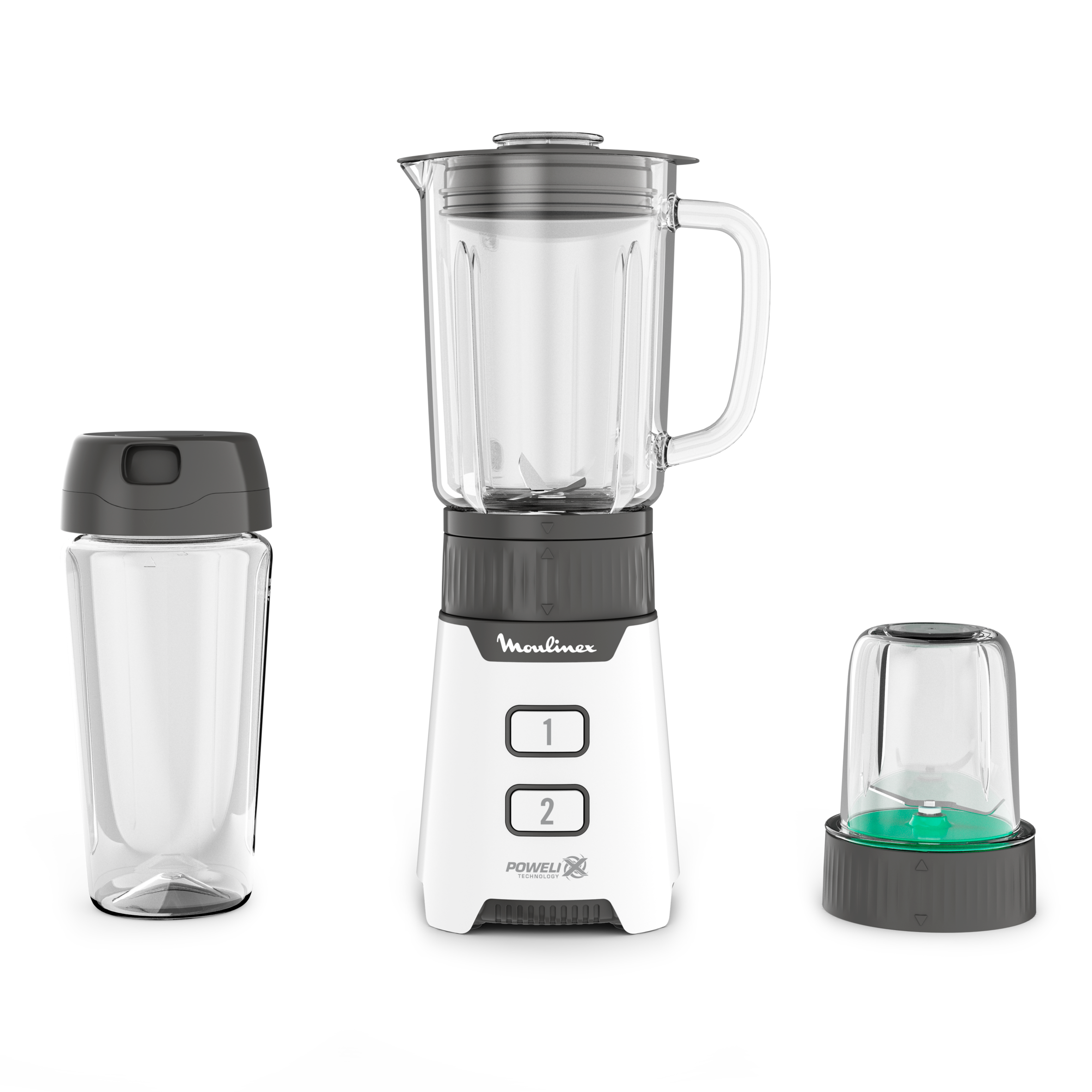 Minimix, Minibatidora compacta de vaso de cristal, 400 W, Tecnología Powelix, Cuchillas extraíbles, 2 velocidades, Vaso de cristal, Botella para llevar, Accesorio picador