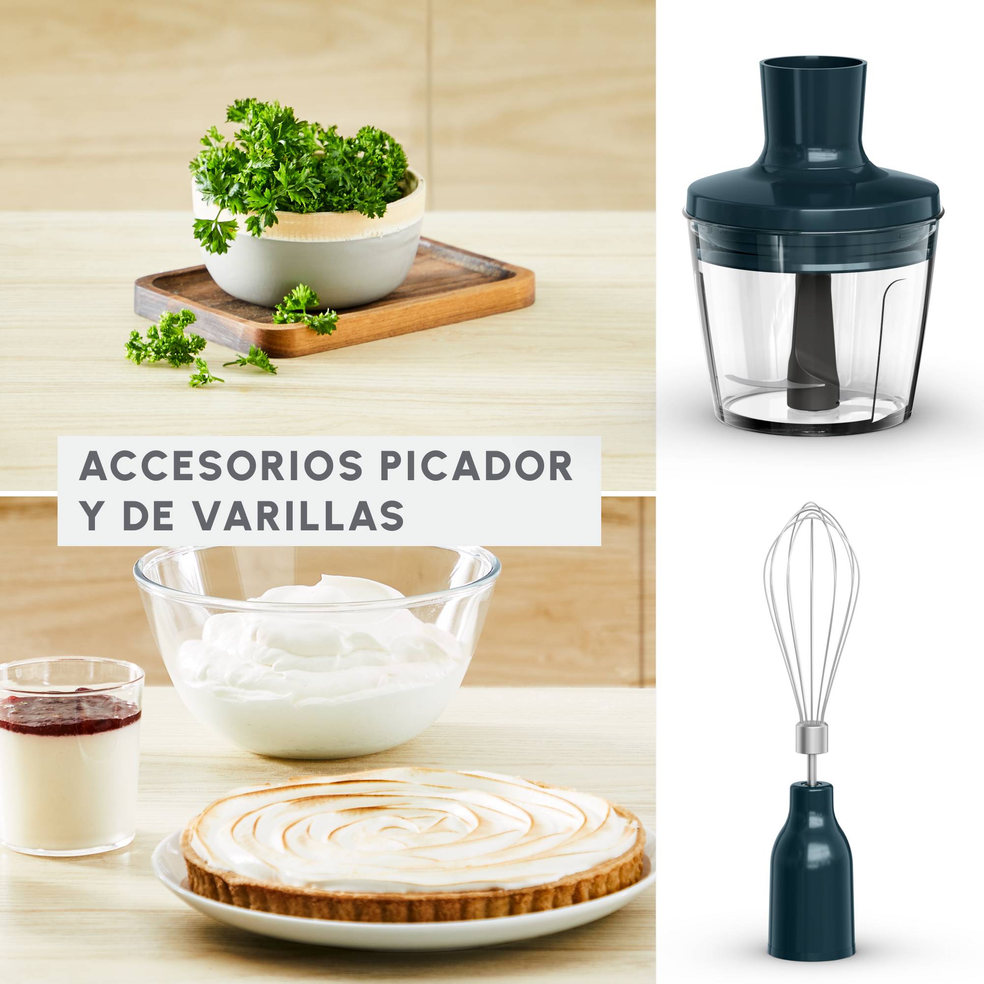 Quickchef, Batidora de mano 3 en 1 con picadora, 1000 W, 4 Cuchillas Powelix, Varillas y Vaso Medidor, Eucalipto