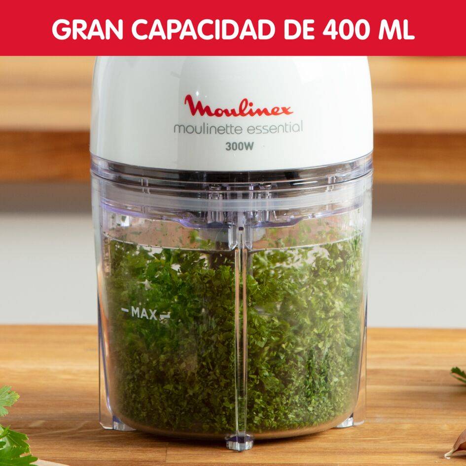 Moulinette Essential, Picadora, 300 W, 4 cuchillas, 400 ml de capacidad, Sistema de bloqueo seguro