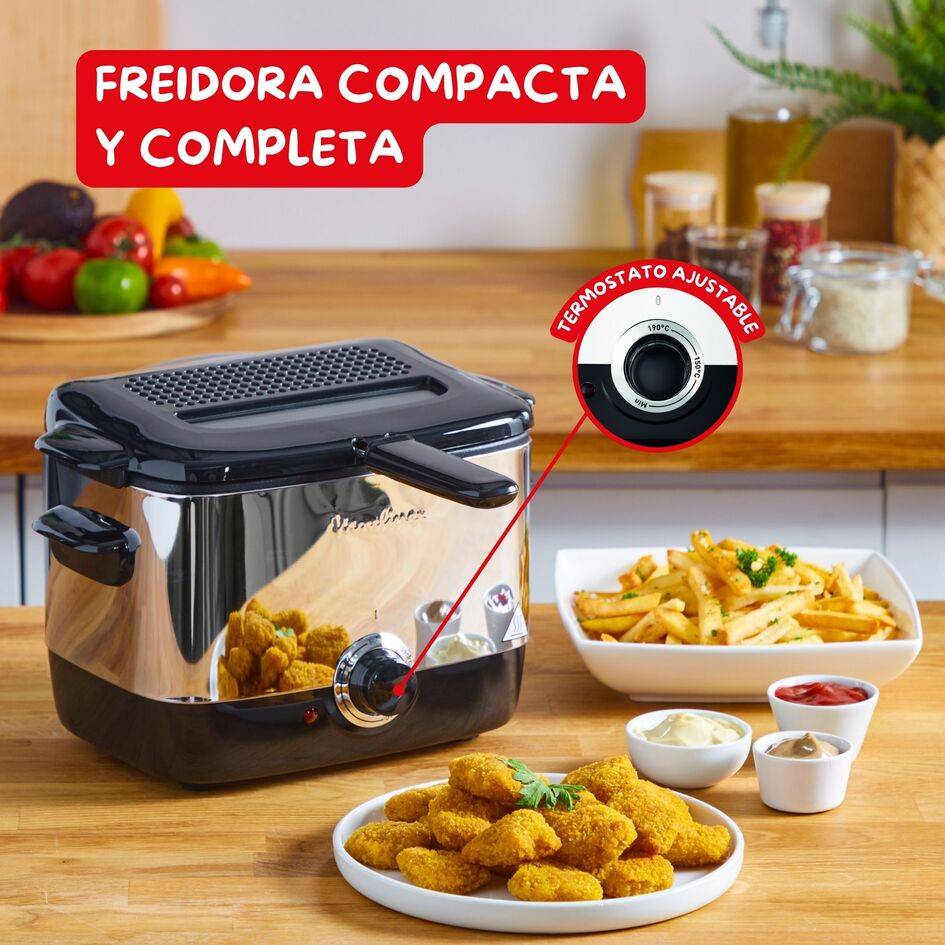Minifrito, Freidora de aceite, 1 L, Termostato ajustable, Compacta, Ventanilla transparente