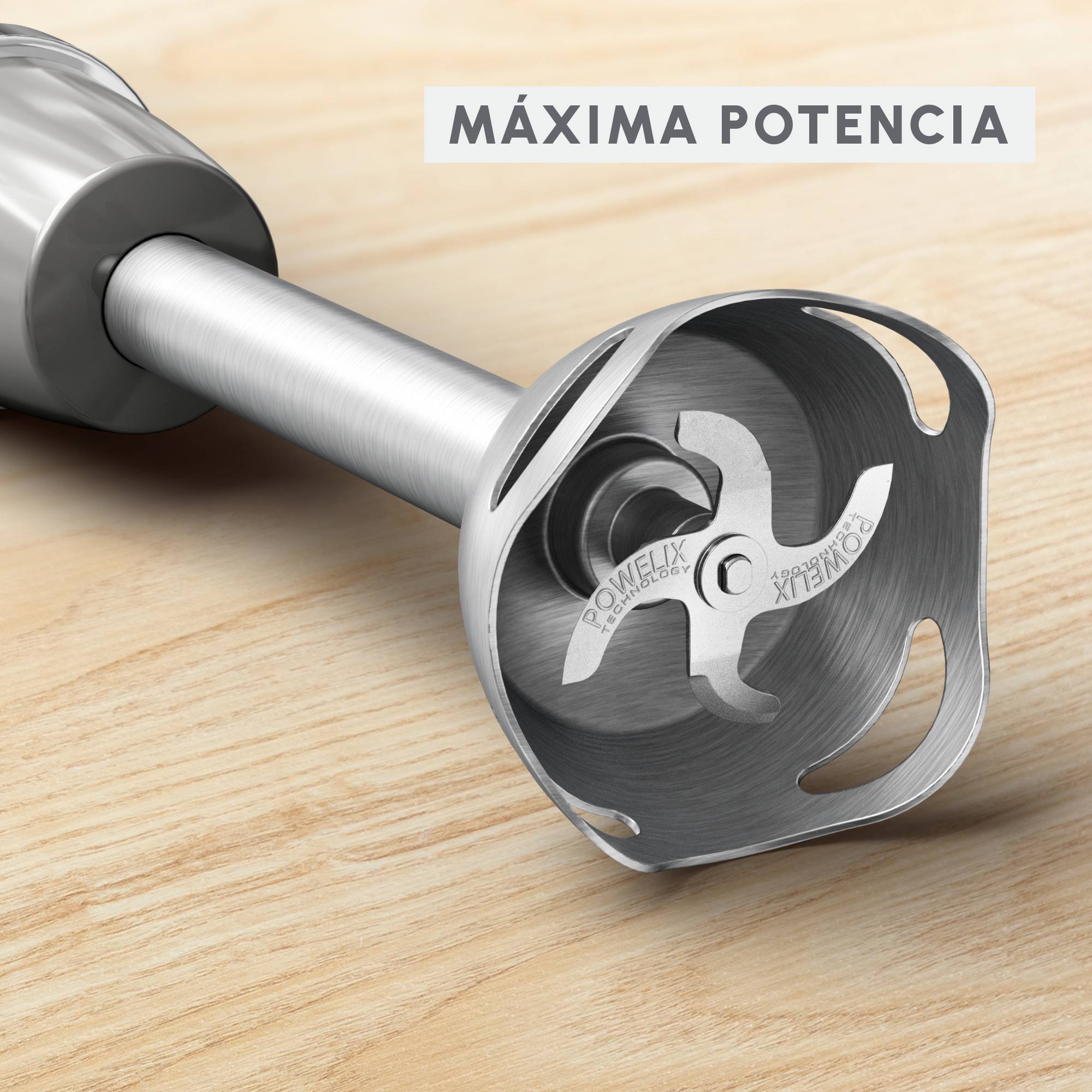 Quickchef+, Batidora de mano, 20 velocidades, Vase medidor y vaso picador, Modo silencioso, Cuchillas con tecnología Powelix, Gris