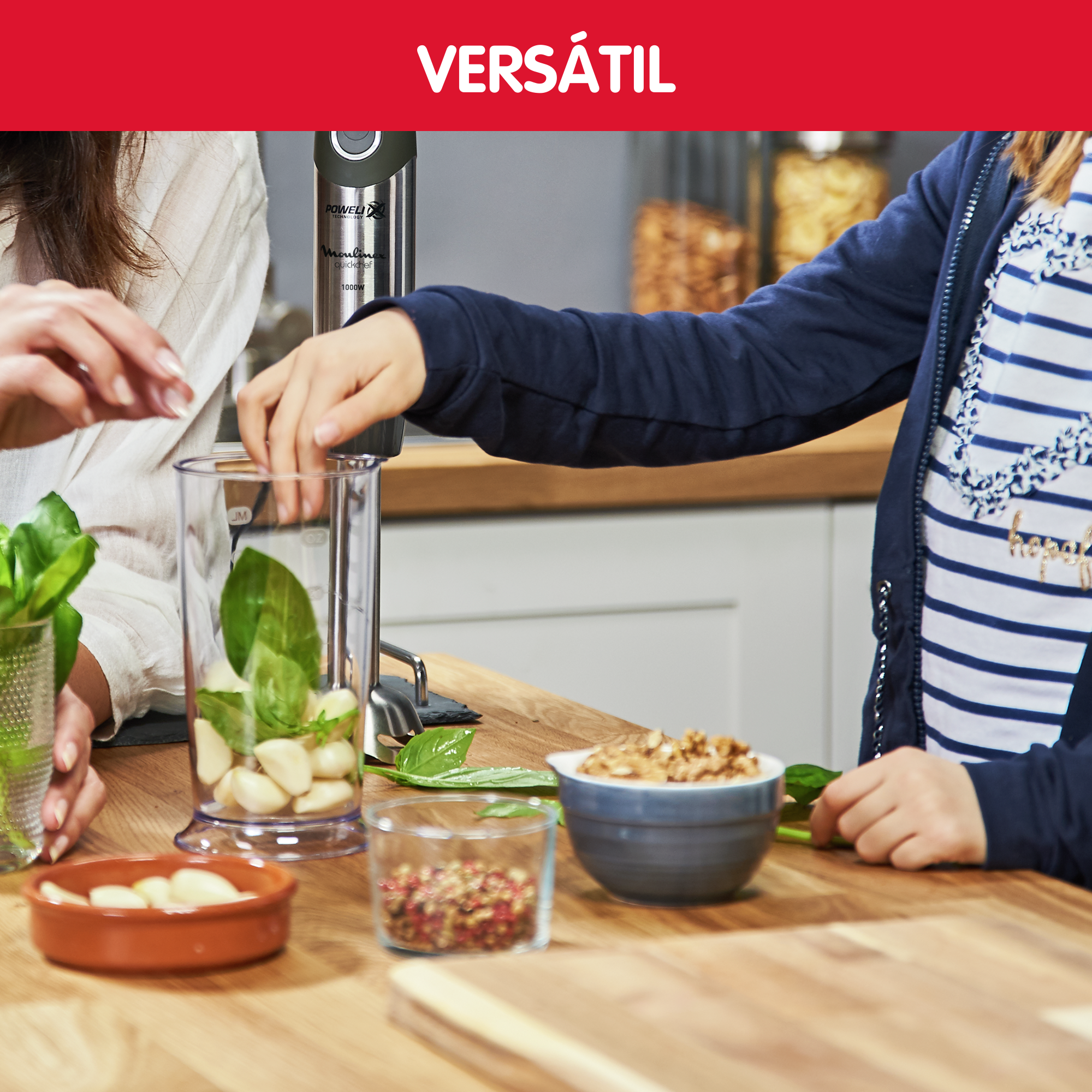 Quickchef, Batidora de Mano, 1000W, 3 en 1, Picadora 500 ml, Vaso medidor 800 ml, Inox