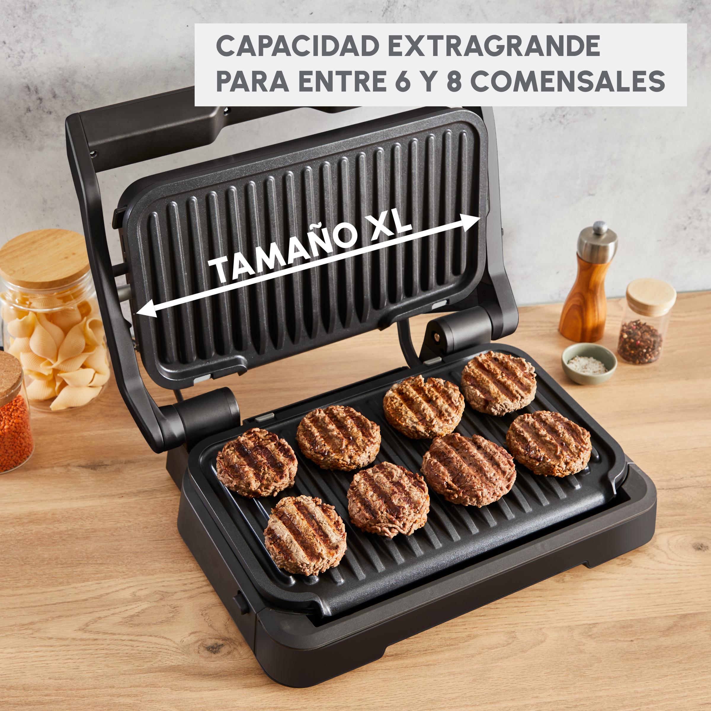 OptiGrill 4en1 XL, Parrilla inteligente, 12 programas, 6/8 personas, Accesorios, Negro