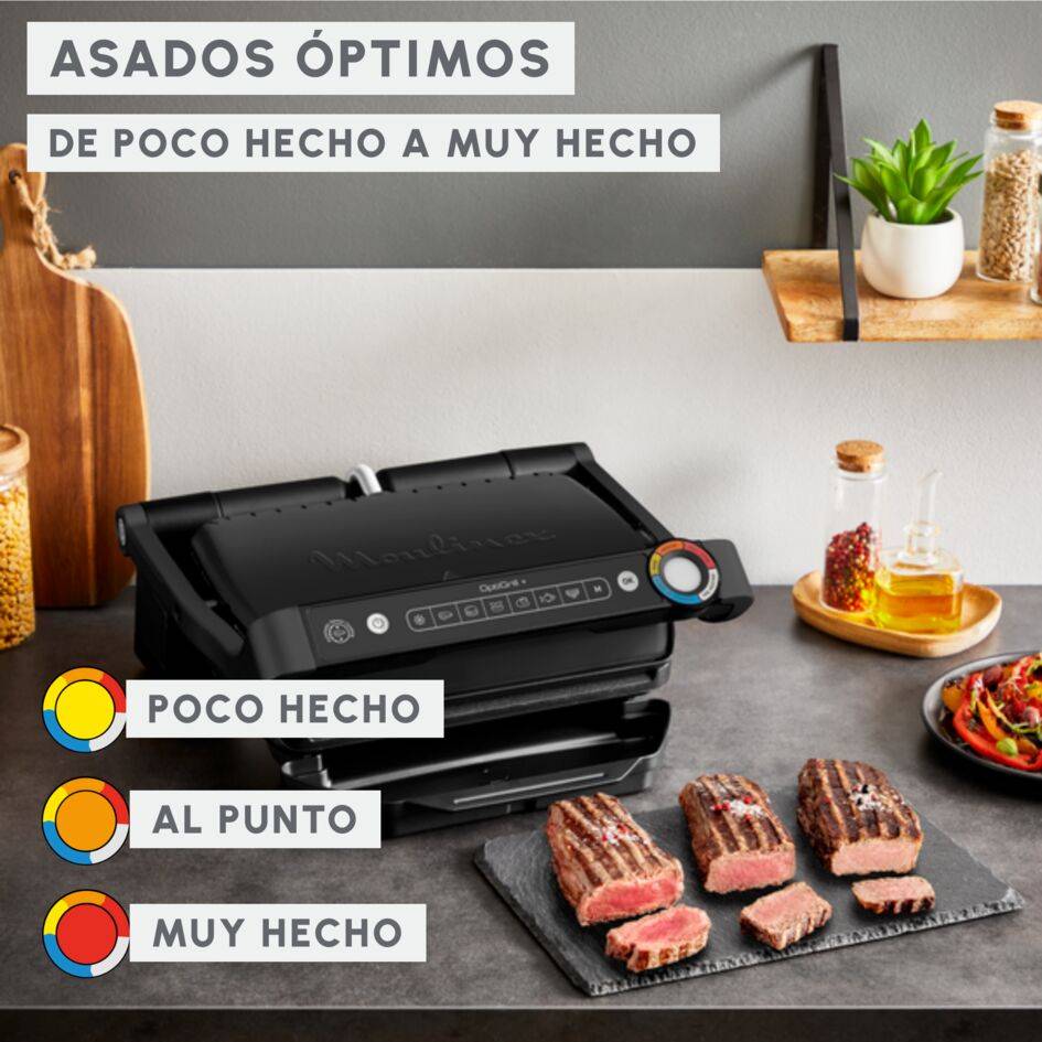 OptiGrill+, Parrilla Grill inteligente, 2100 W, 6 programas automáticos, Planchas antiadherentes, Bandeja recogejugos, Negro